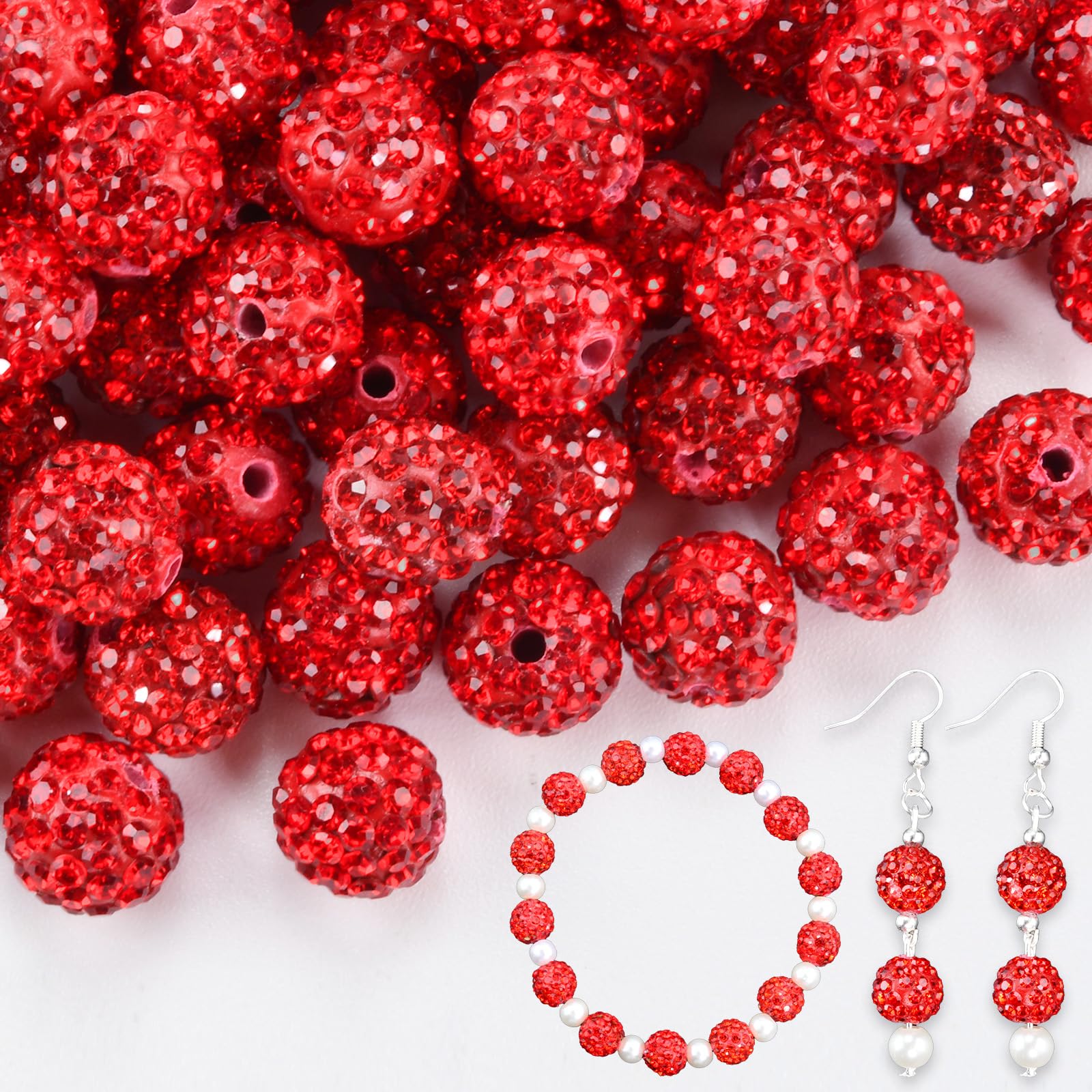 180 cuentas de arcilla de diamantes de imitación de 10 mm para hacer joyas, bolas de discoteca redondas de cristal rojo de grado AAA, cuentas de béisbol brillantes con diamantes para collares, pulseras y pendientes, suministros de bricolaje.