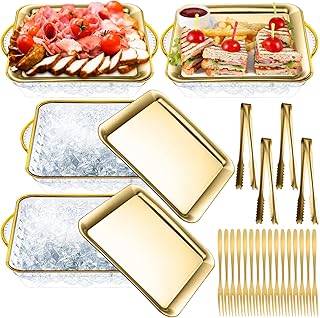Baderke 4 Set 9" Chilled Serving Tray for Parties with Compartments Ice Chilled Party Platter Charcuterie Serving Board Cold Dish Dip with Forks Tongs for Fruit Seafood Vegetable Appetizer (Gold)