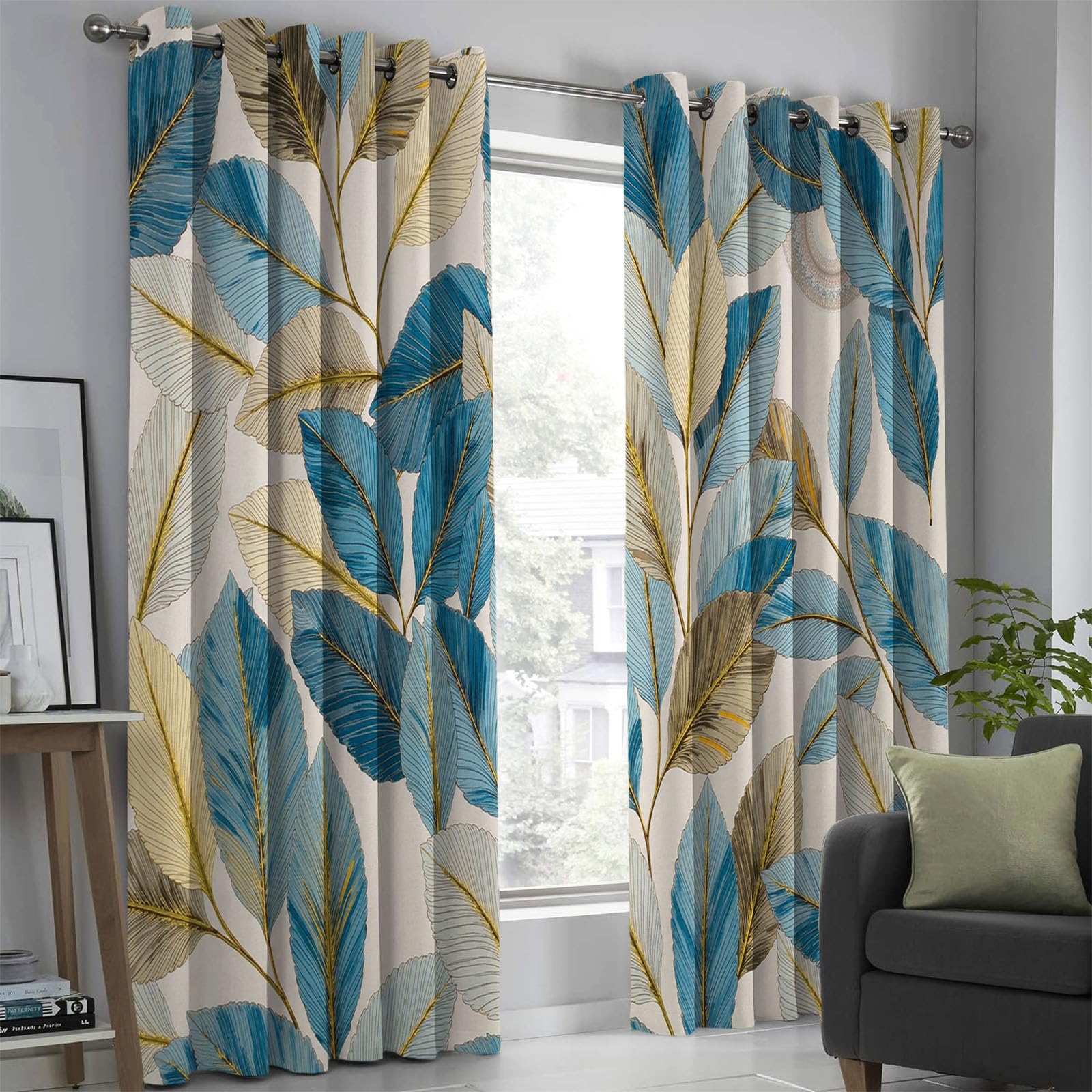Estampado Hojas Vintage Cortinas Opacas Con Aislamiento Térmico Para Oscurecer La Habitación, Con Ojales, Para Sala De Estar, 140 X 260 Cm Pulgadas, Estilo Acuarela Azul (2 Paneles)