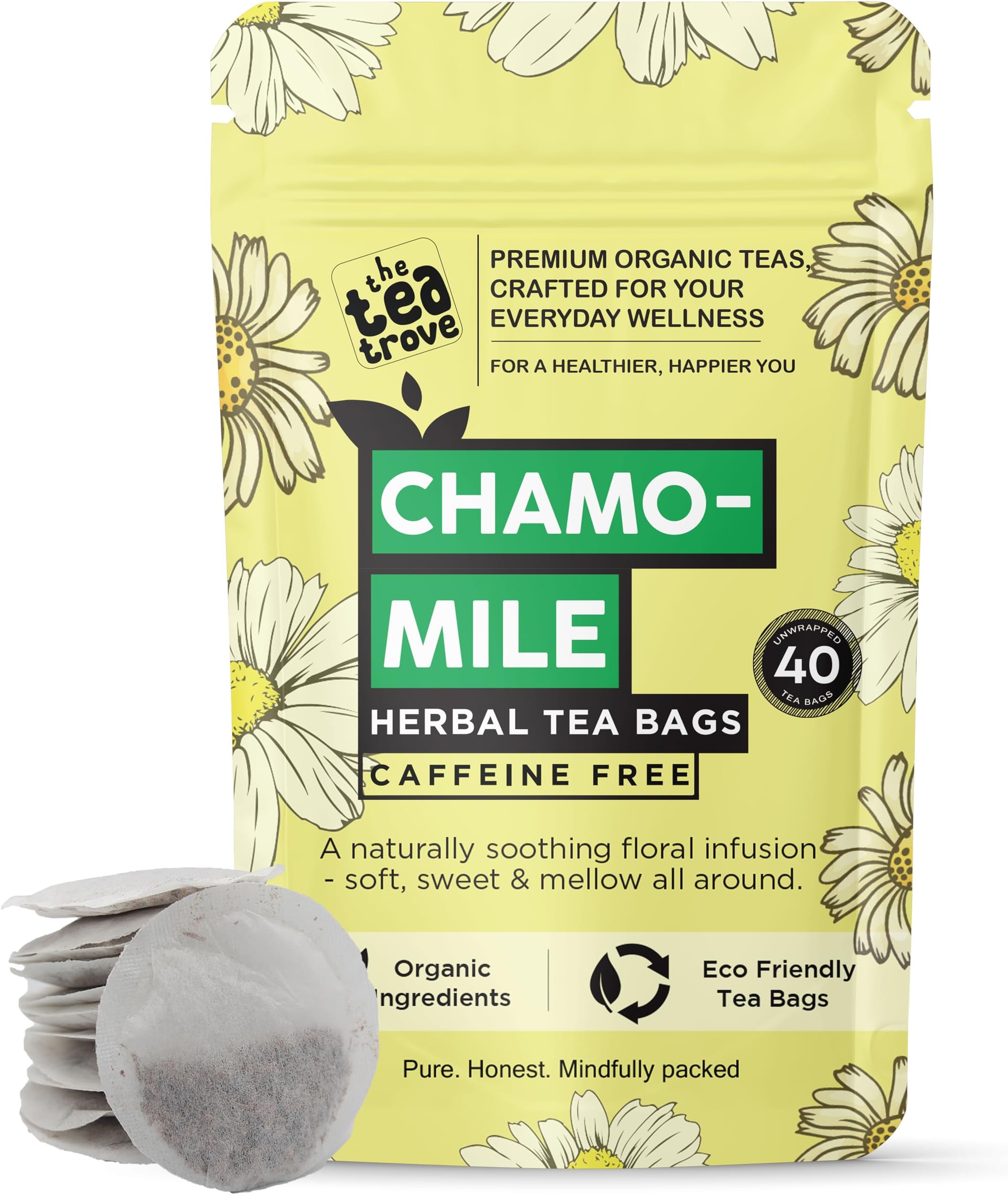 Pure Chamomile Tea Bags Organic - 40 Eco-Friendly Camomile Tea Bag in Resealable pouch - Caffeine Free Camomile tea for sleep and Stress relief tea by The Tea Trove - Steep Hot Or Iced