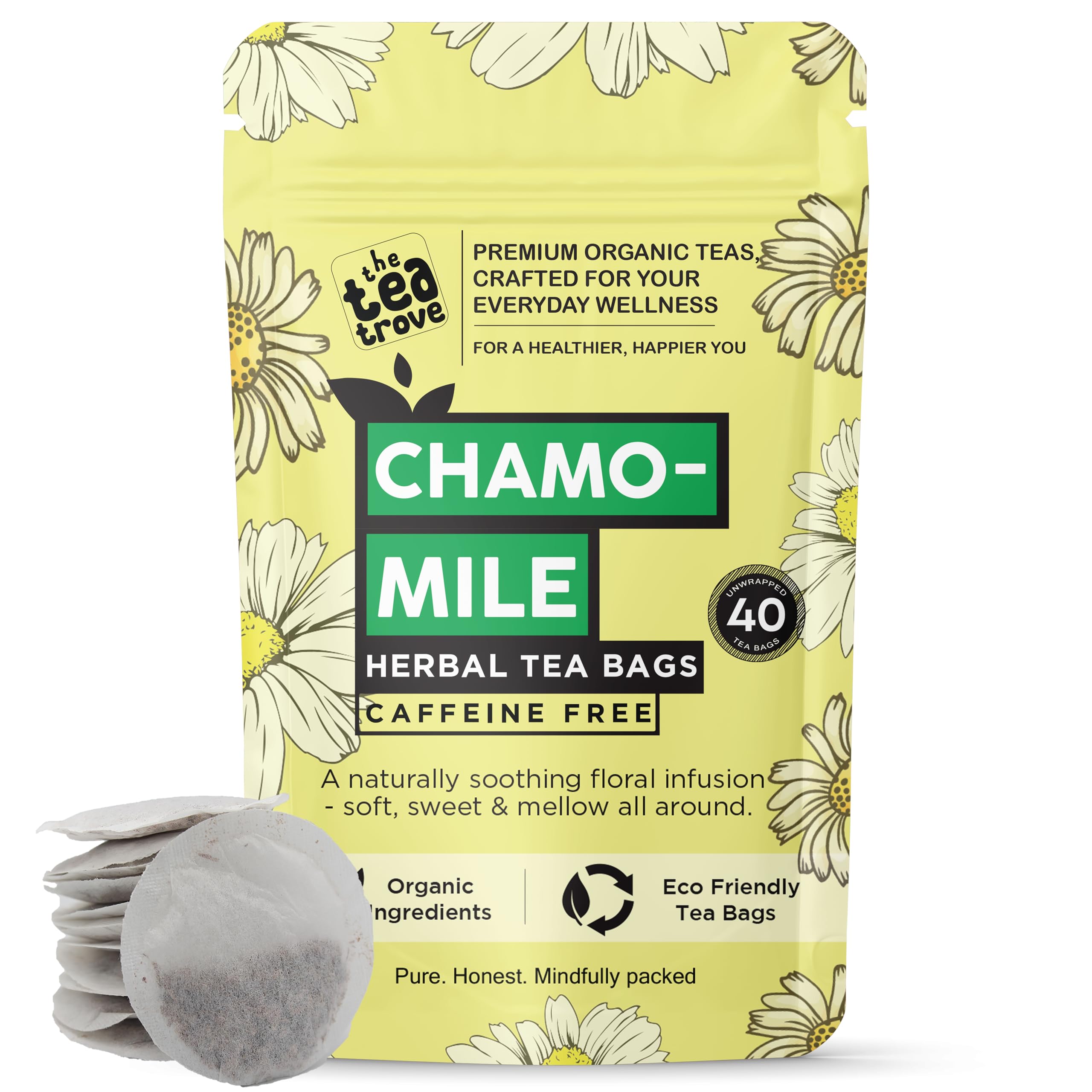 The Tea Trove Pure Chamomile Tea Bags Organic - 40 Eco-Friendly Caffeine Free Camomile tea for sleep and Stress Relief in Resealable pouch - Steep Hot Or Iced | Pack of 1, 40 grams