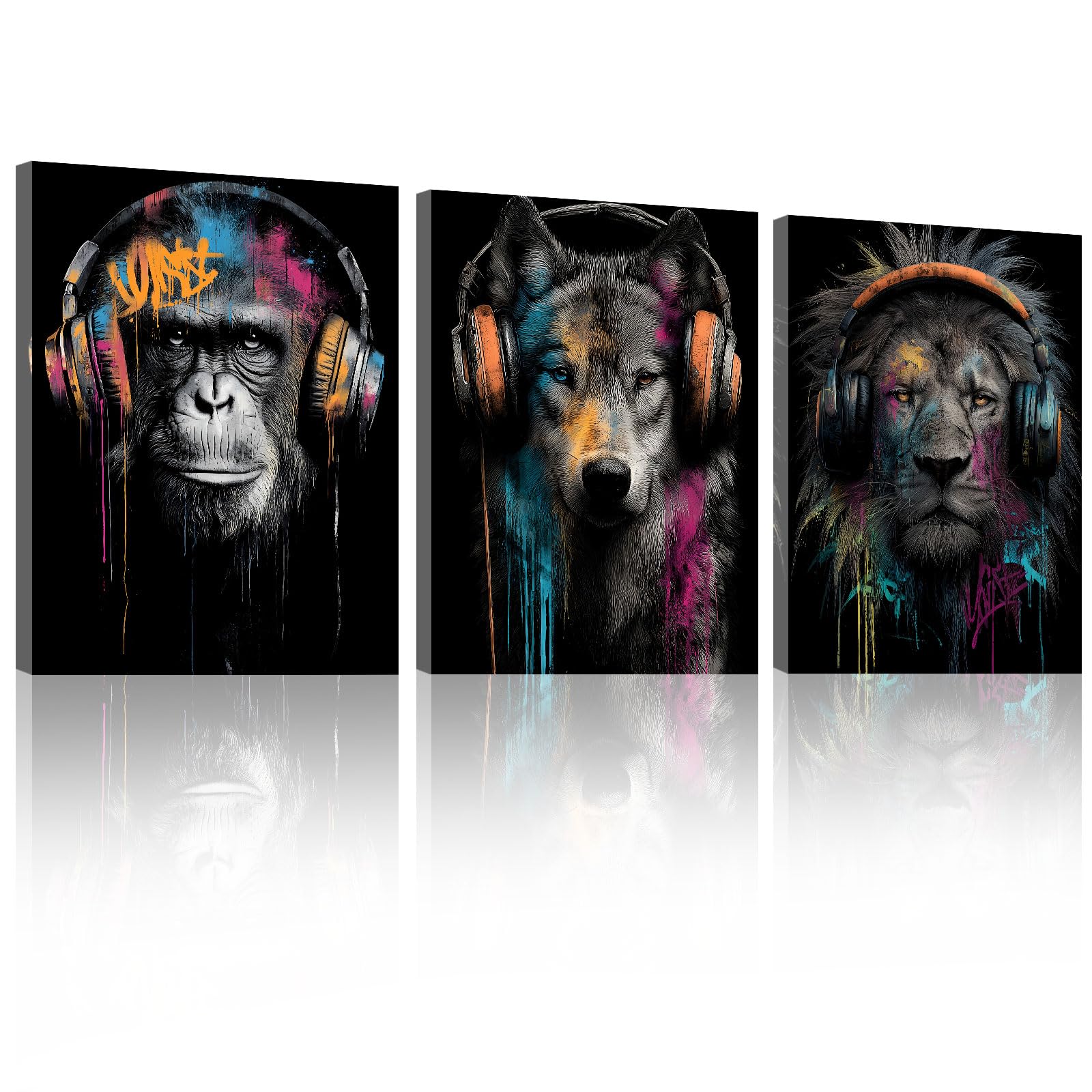 Halioyo Cool Wall Art for Teen Room, Black Monkey Wolf Lion Canvas Print, Pop Room Decor, Modern Urban Street Art Animal Painting for Dorm Bedroom Living Room(12x16 Inch x3 Pcs)