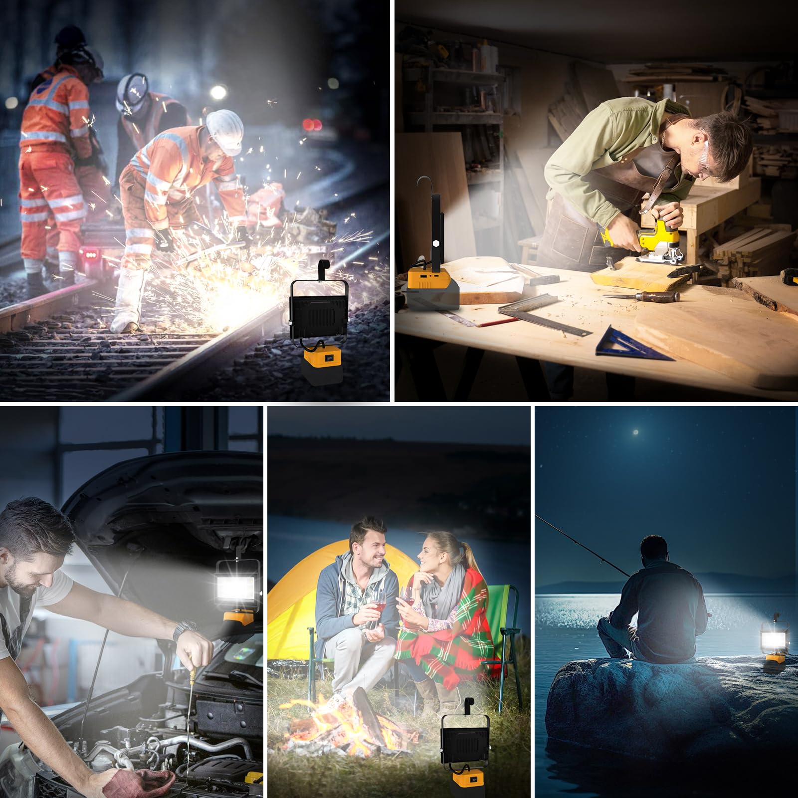 T-SUN Projecteur de Chantier, 60W Projecteur LED Rechargeable Compatible avec Dewalt Batterie, 4500LM Lampes de Travail Portable Pour l'atelier, Camping, Réparations, Chantier (Sans Batterie)