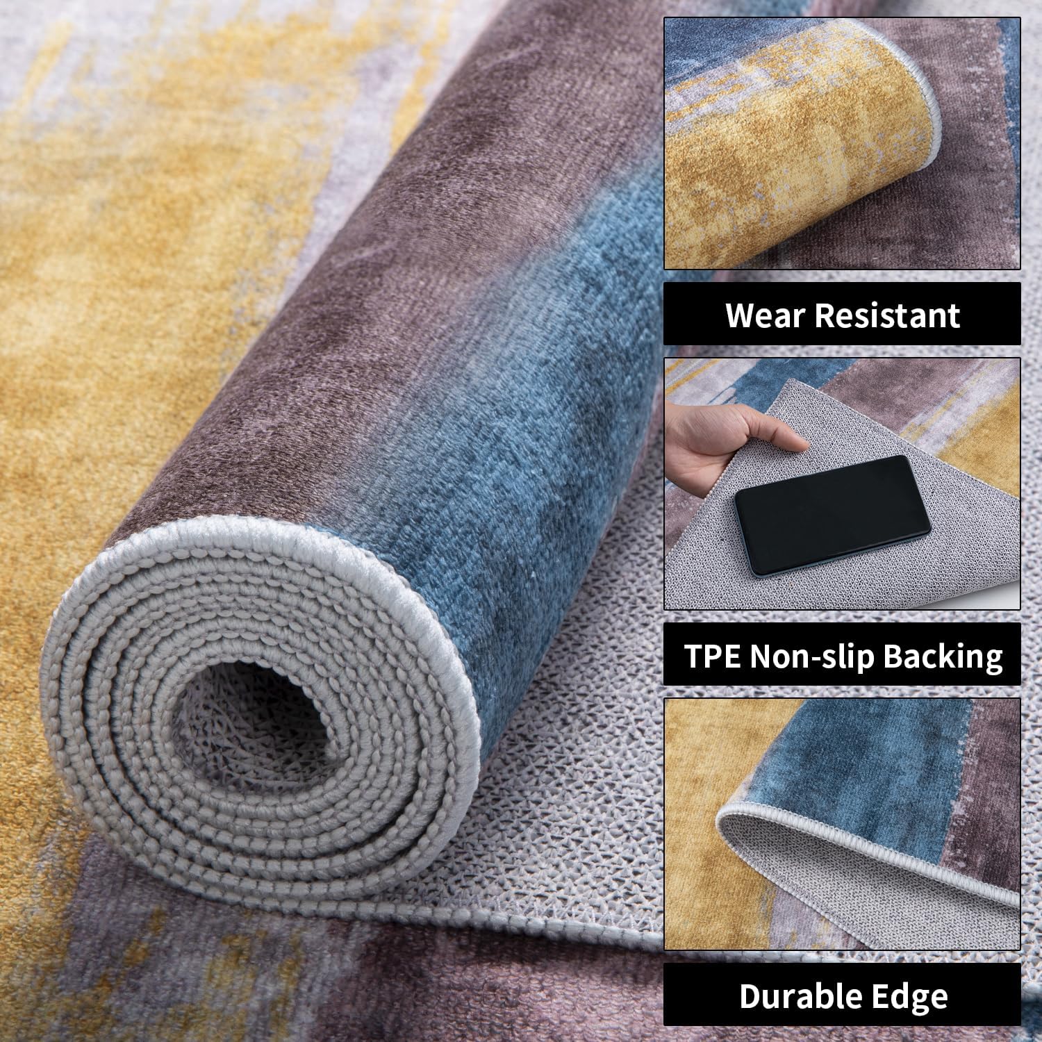 Ciicool 2'6 "x8' Washable Runner Rug, Modern Abstract Hallway Rugs Runner, Non-Slip Thin Accent Rug Lightweight Yellow Gray Distressed Carpet Runners for Laundry Entryway Bedroom Kitchen Indoor