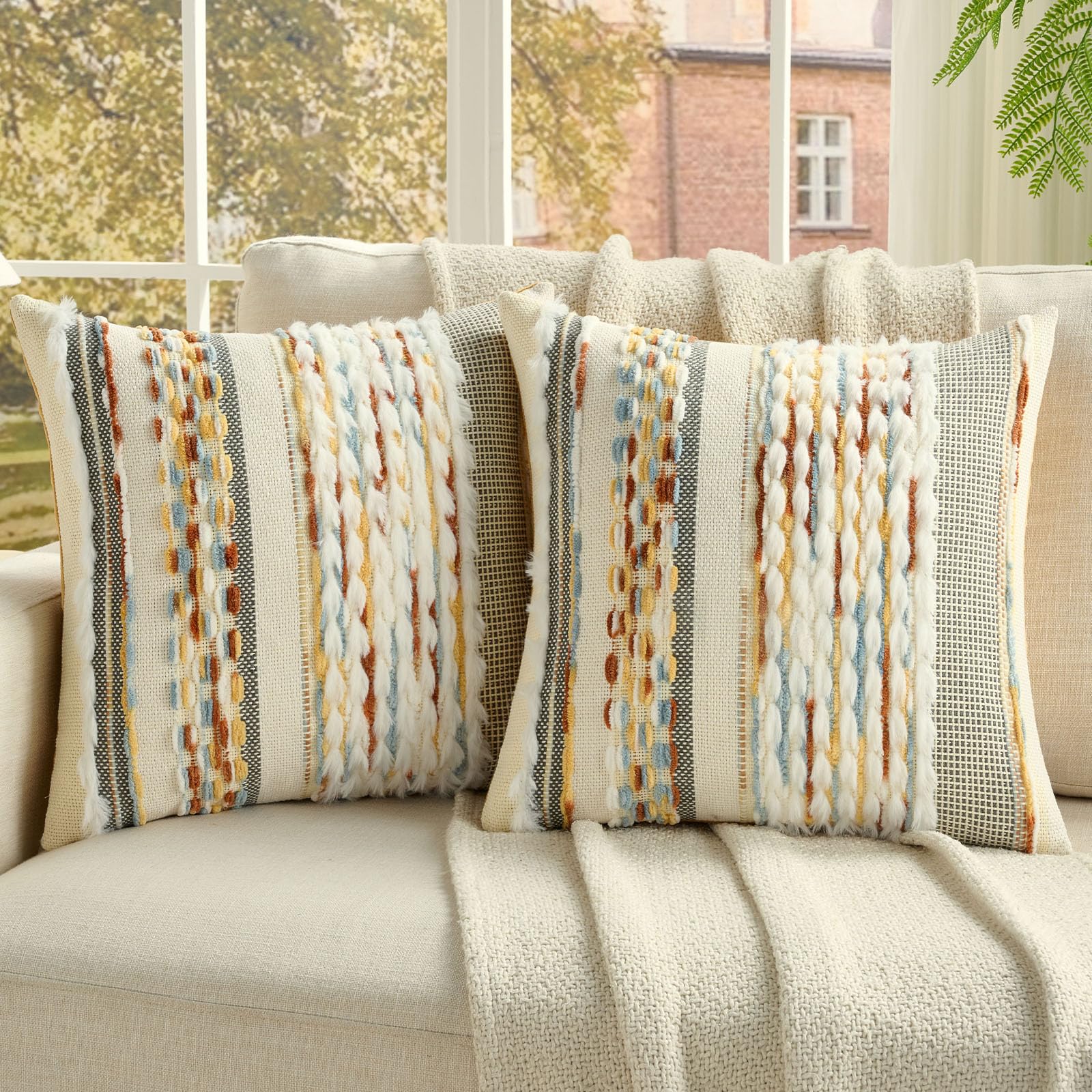 FUTEI Set of 2 Chenille Tufted Cushion Covers 50x50 cm,Rust+Blue+Yellow โ image 1
