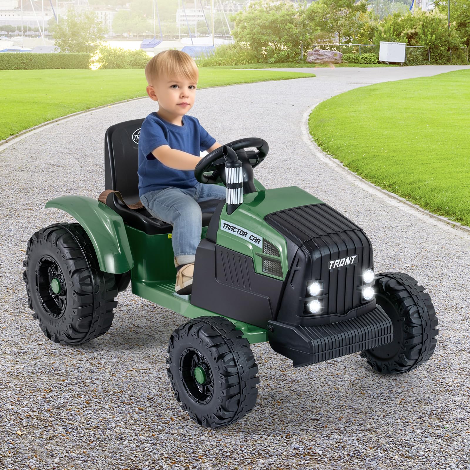 RELAX4LIFE Trattore Elettrico a Batteria 24V con Rimorchio Staccabile, Controllo Remoto, Porta USB, Connessione Wireless e Luci LED, Veicolo a 3 Velocità per Bambini dai 3 agli 8 Anni (VERDE)