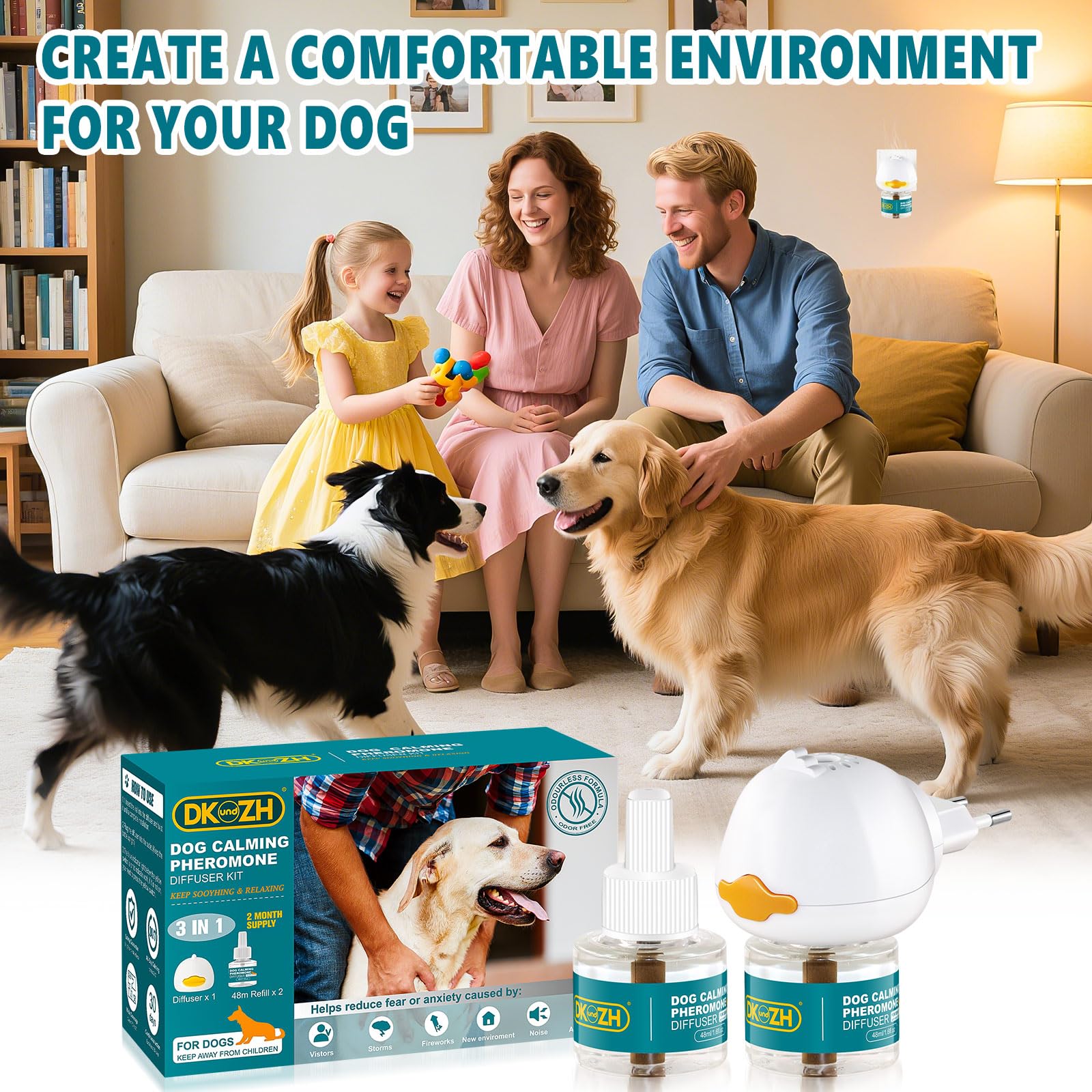 Diffuseur de Phéromones Calmant pour Chien, Calmant Apaisant Prise Phéromones pour Soulage L'anxiété de Séparation, le Stress, les Aboiements et les Mordillements (1 Diffuseur+2 Recharges 48 ML)