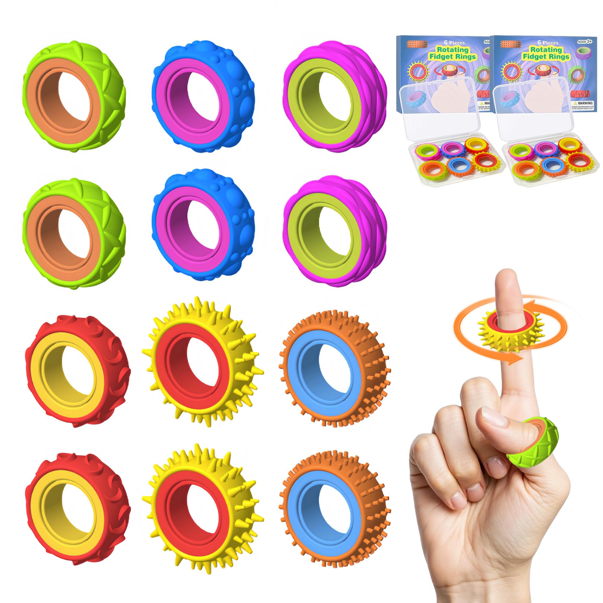 Zestaw 12 zabawek Fidget Ring dla dzieci i dorosłych, silikonowe pierścienie antystresowe, Fidget Spinner do pomocy przy ADHD, do akupresury, zabawki autystyczne, pierścienie do masażu palców