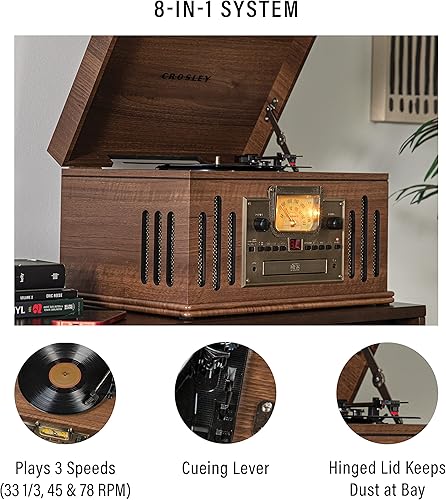Miniatura 2 de Crosley CR704B-WA Musician Tocadiscos de 3 velocidades con radio, reproductor de CDcasete, entrada auxiliar y Bluetooth, color nogal