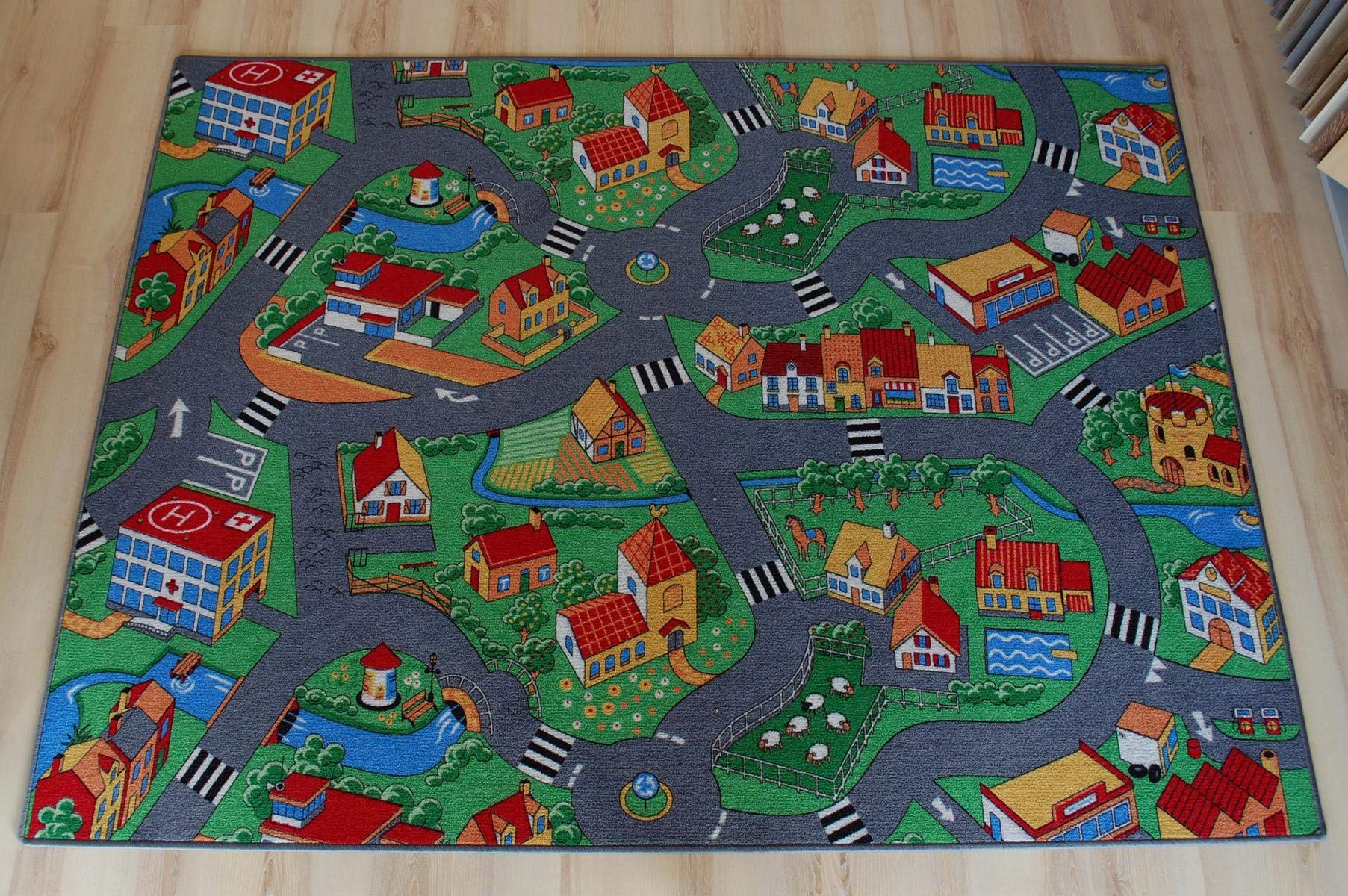 Straßenteppich Spielteppich Little Village Bauernhof Dorf Kinderteppich Verschiedene Größen (400 x 500 cm)
