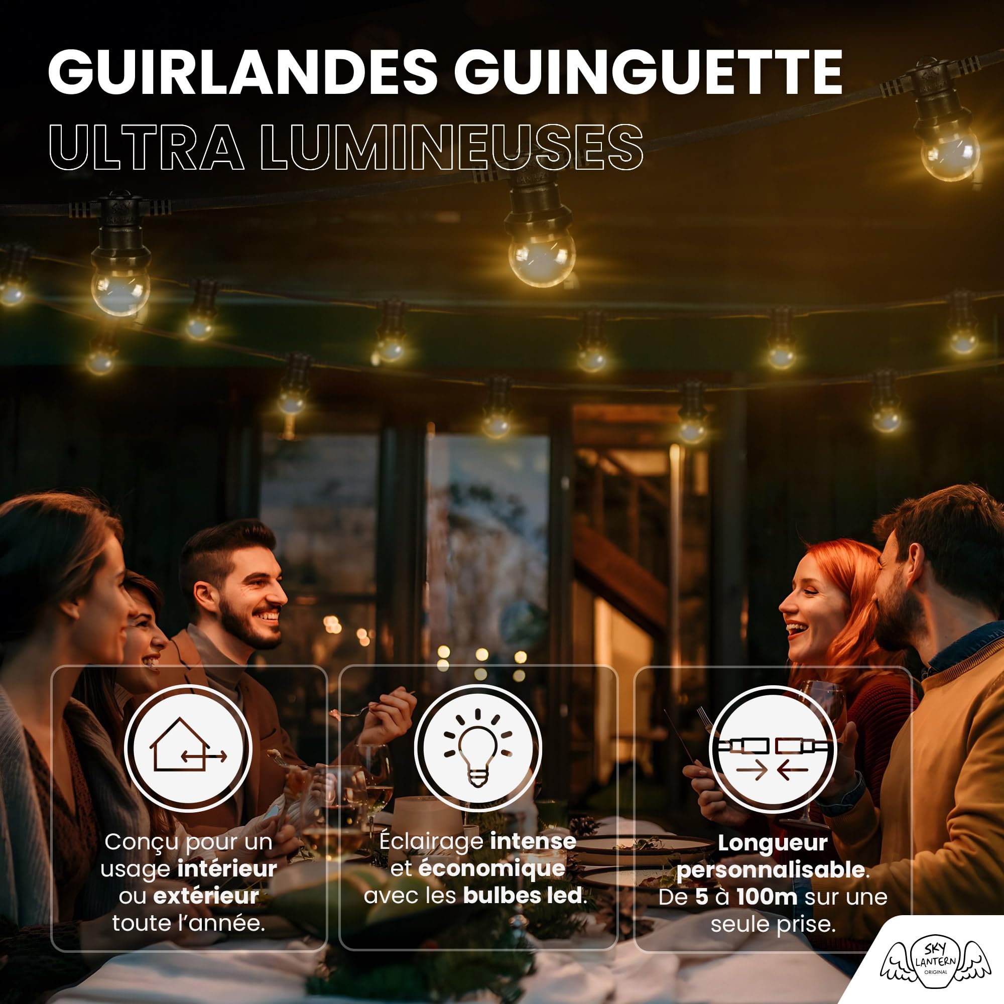 SKYLANTERN Guirnalda Luces Exterior 5M 10 Bombillas LED E27 Blanco Cálido 2700K IP65 Impermeable Regulable Extensible Conexión Múltiple Jardín Terraza Bodas