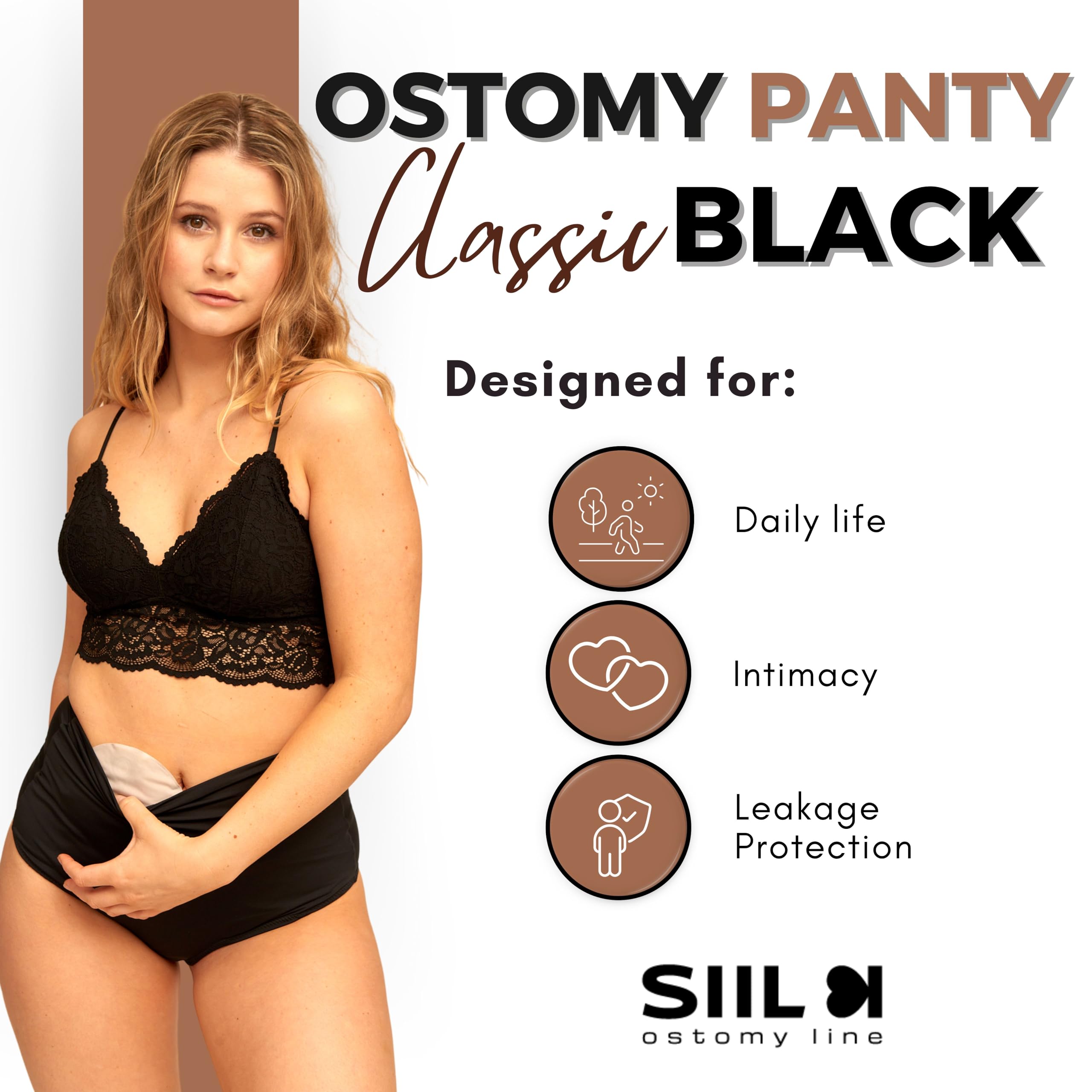 SIIL Bielizna stomijna dla kobiet – majtki z wysokim stanem z kieszenią stomijną na torby ileostomijne – szczelne czarne majtki (S)