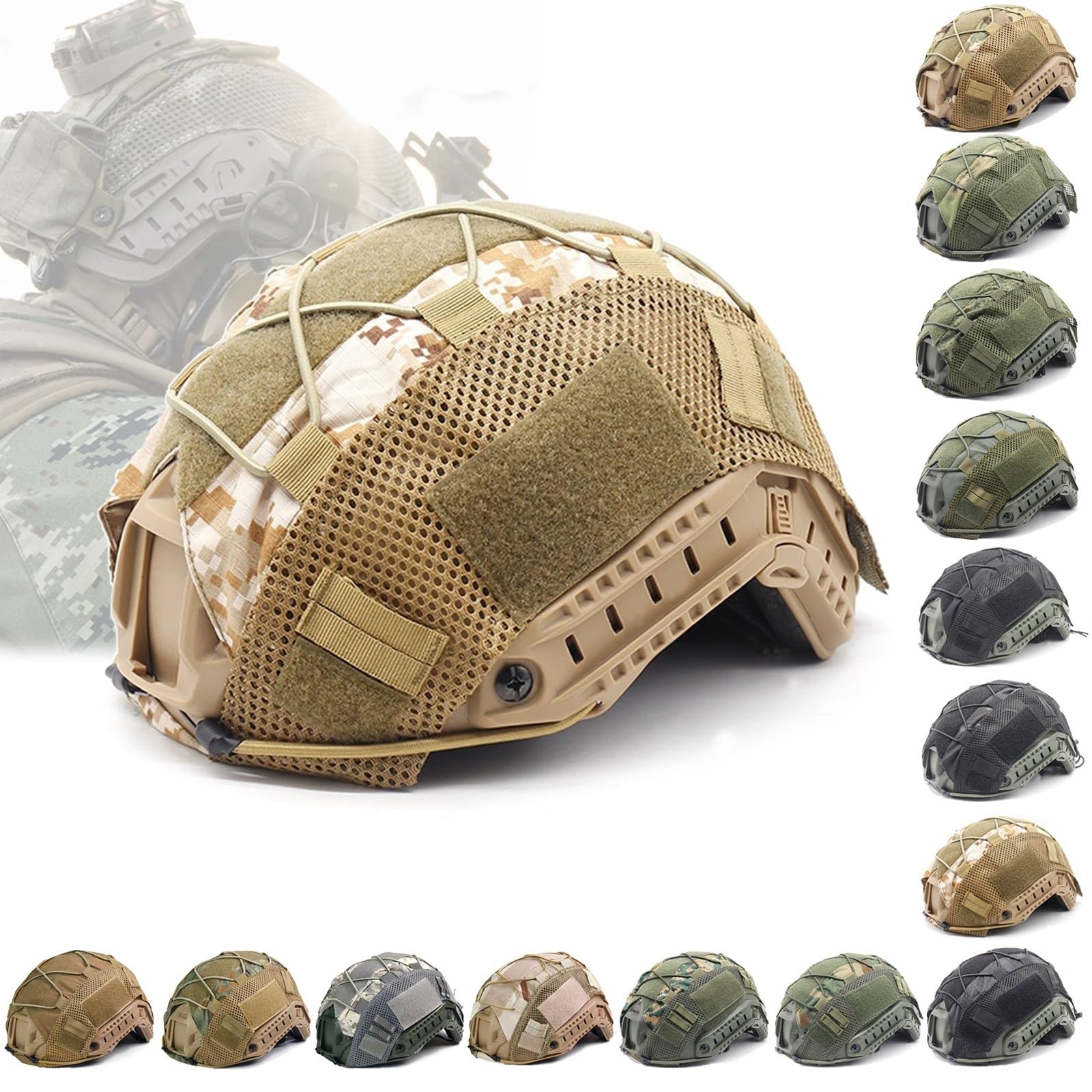Tactical Helmet Cover Camo FAST Airsoft Paintball High-cut Helmet Cloth Hunting Shooting Helmet Accessories with Elastic Cord(Desert digital)