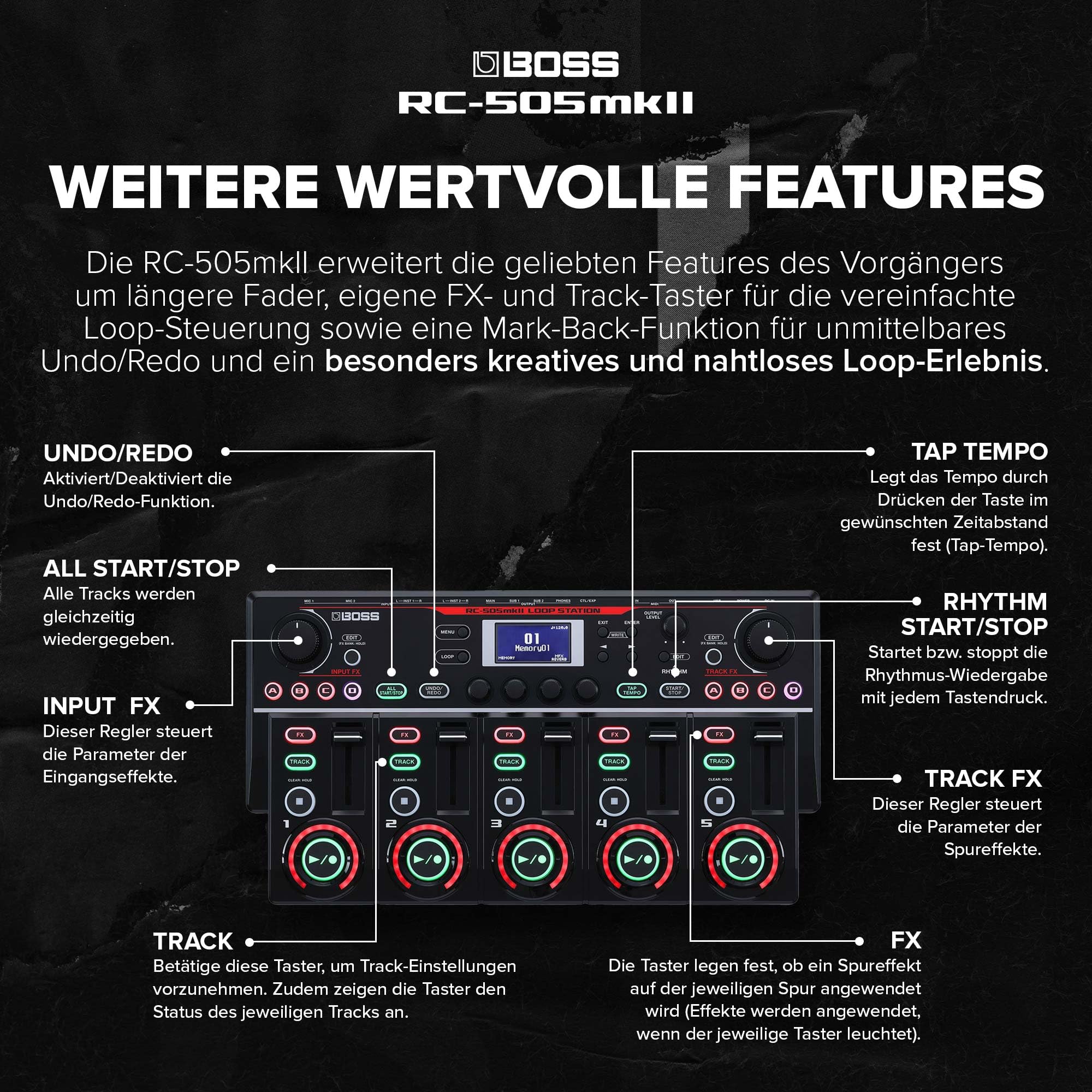 BOSS RC-505mkII Loop Station | Erweiterte Version des Tisch-Looper-Branchenstandards | Fünf simultane Stereo-Phrasenspuren | Riesige integrierte Effektauswahl | Extrem robuste Fader