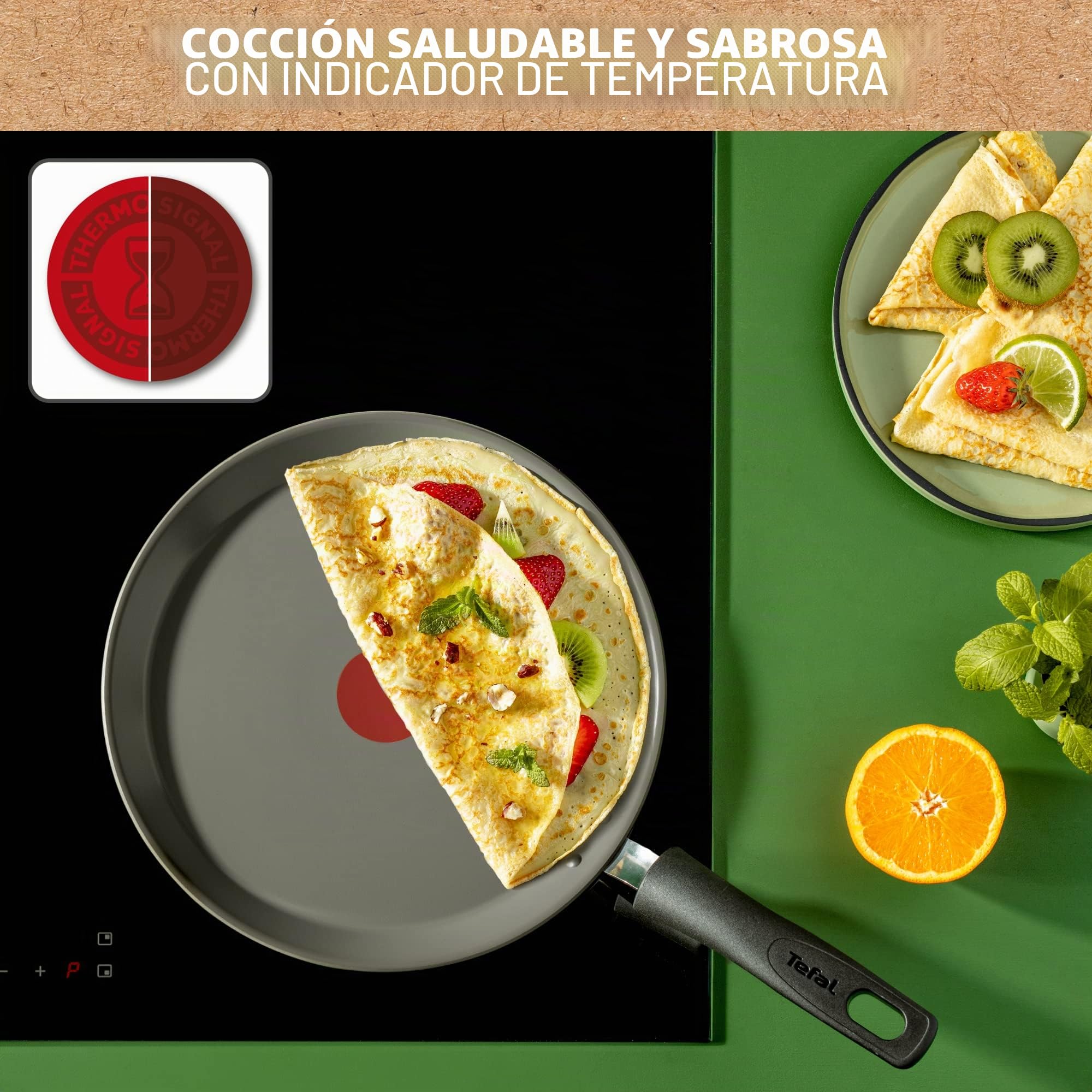 TEFAL - Sartén para crepes (28 cm, inducción, revestimiento cerámico, Eco-diseñado, reciclado, cocción sana, termo-Signal, fabricada en Francia, Renew C4253913, gris
