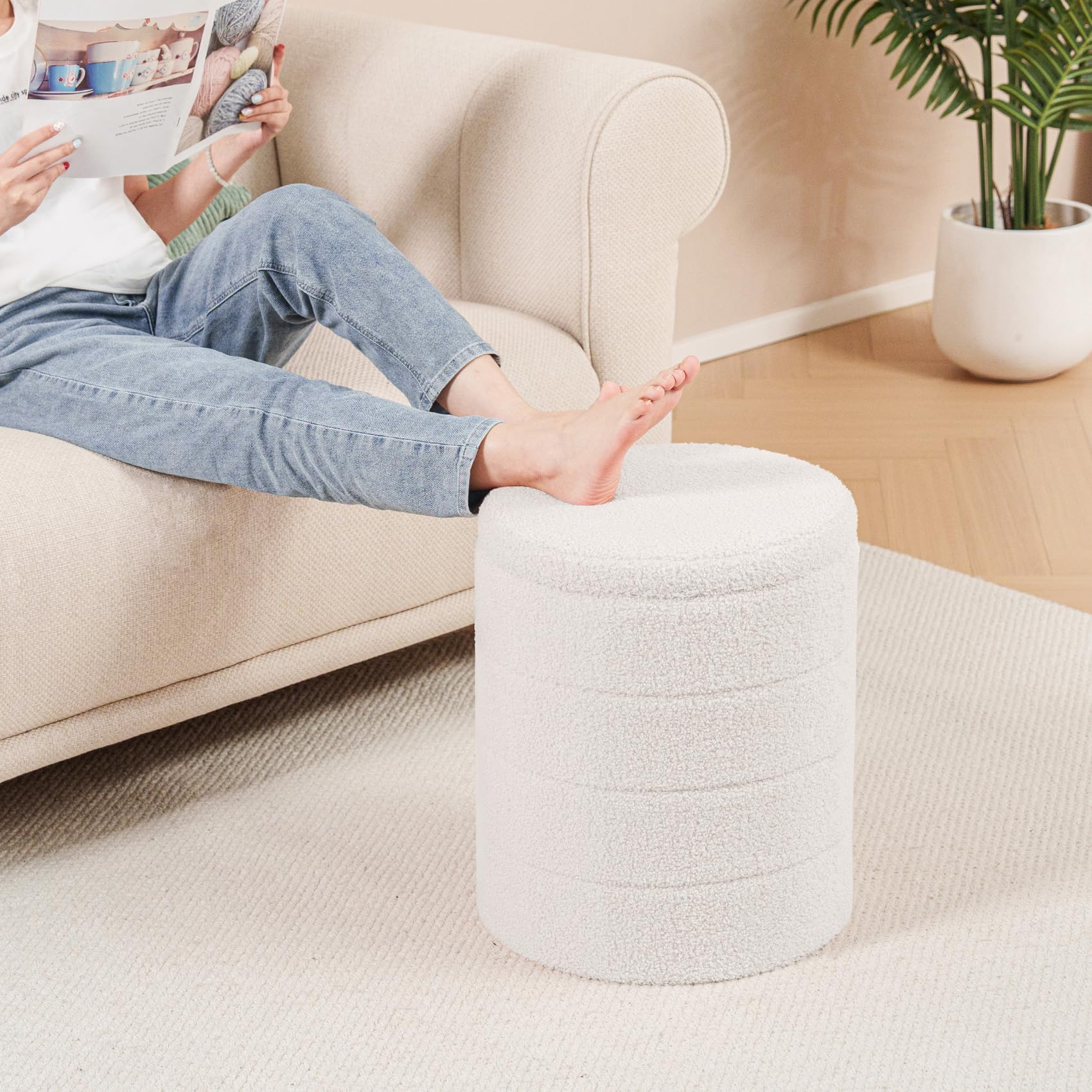 Bonlife Pouf Contenitore, Portaoggetti Piccolo Baule, Poggiapiedi Pieghevole Cubo, Cassapanca, per Ingresso, Soggiorno e Camera da Letto, Bianco, 37x37x45 cm