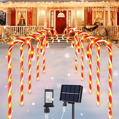 Miniatura 1 de Luces de bastón de caramelo de 28 pulgadas para caminos al aire libre, 10 paquetes de luces grandes de camino de bastón de caramelo con panel solar