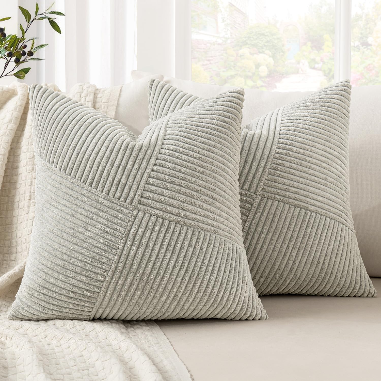 MIULEE Decorative Cushion Covers 45 x 45 cm Light Grey Corduroy Patchwork Design Striped Boho Pillow Cases Square Pillowcases Throw Pillow Covers for Sofa Living Room Bedroom, Set of 2