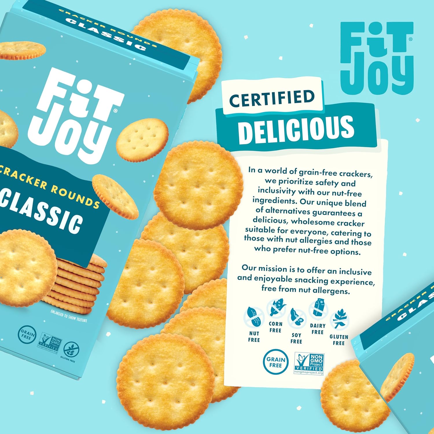 FitJoy Grain Free Crackers in Classic (Salt) Flavor - Round Party Crackers without Gluten, Non-GMO Project Verified - Vegan, Nut Free, Savory Snack - 3-Pack, 7 Oz Boxes