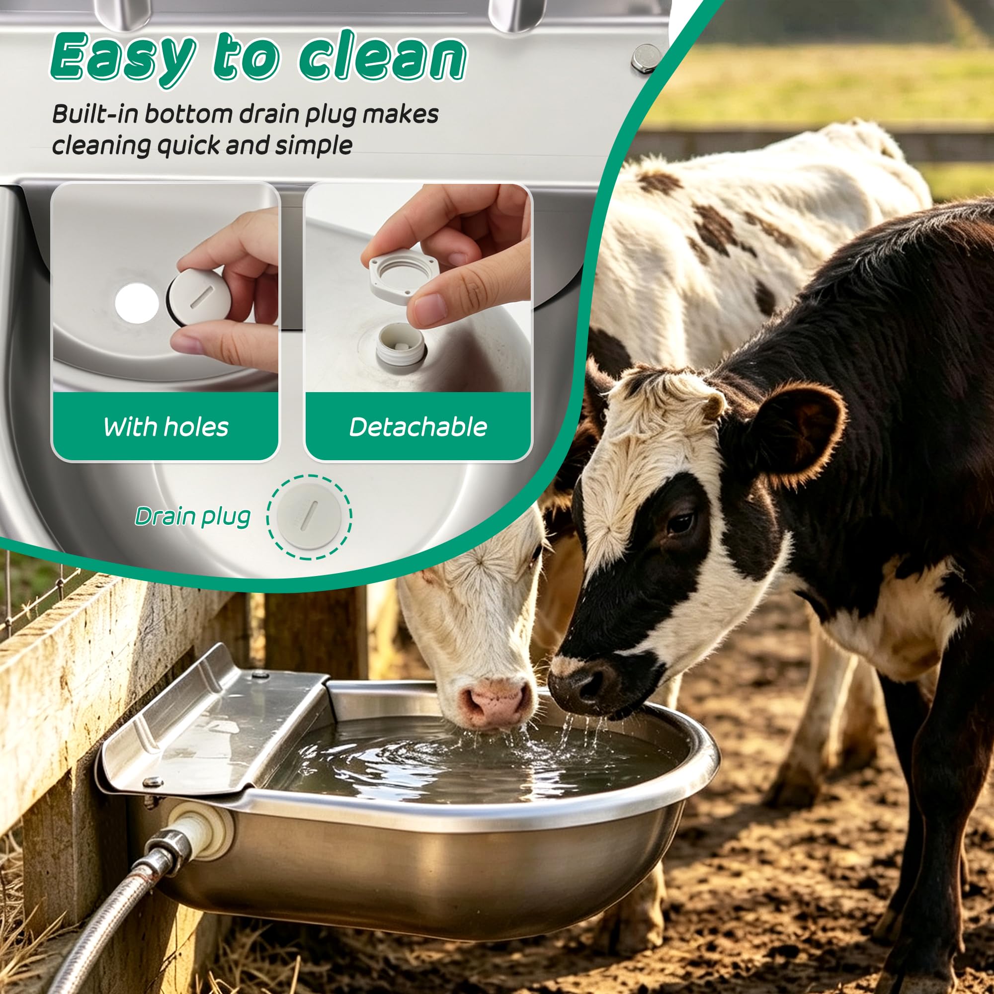 Tazón automático para caballos, dispensador de agua de ganado de granja de acero inoxidable mejorado con agujero de drenaje y válvula flotante para caballo, perro, pollo, cabra, cerdo (A)
