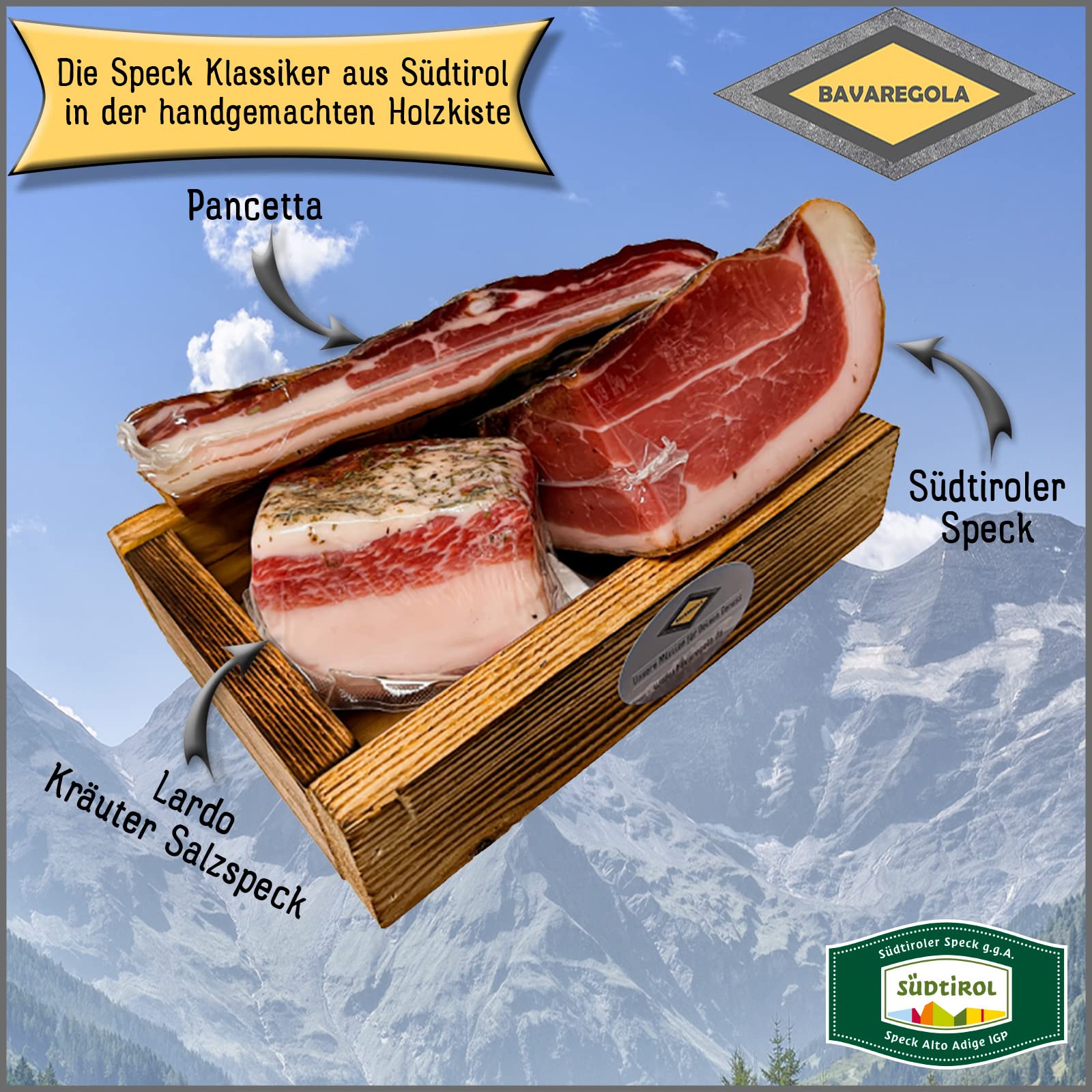 BAVAREGOLA "Speck Kistl" - Geschenkekiste mit 3 Südtiroler Speck Spezialitäten - Präsentkorb gefüllt mit Speck, Lardo & Pancetta von Viktor Kofler/Lana - Genuss Geschenk für Männer & Frauen