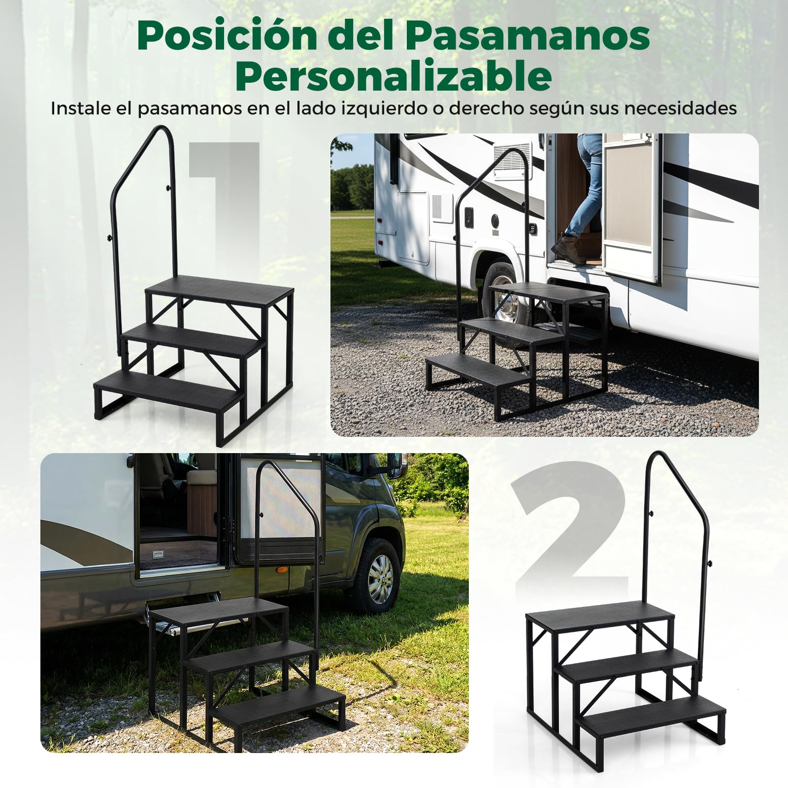 COSTWAY Escaleras de RV con Barandilla, Escalera de 3 Peldaños con Capacidad de Carga de 660 kg, Escalerilla con Panel Antideslizante, para Casa Móvil, Jacuzzi y Piscina SPA, 79 x 68 x 129 cm