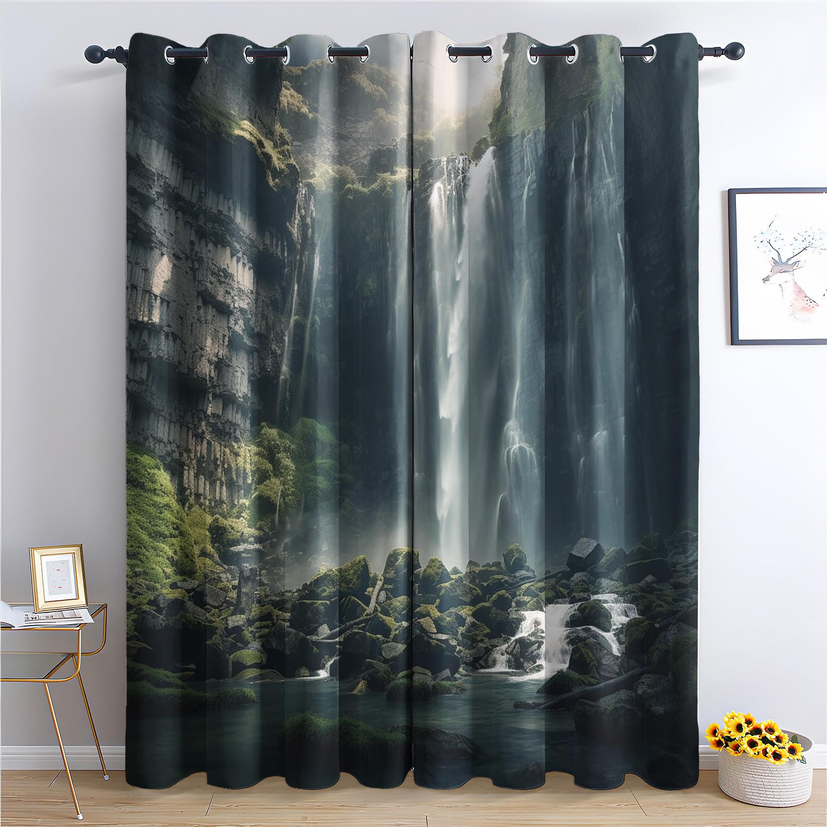 QEODAH Waterfall Curtains 213cm Drop, 3D Nature Landscape Forest Scenery Patterned Blackout Curtains for Bedroom, Living Room Decor, Soft Thermal Insulated Eyelet Drapes for Windows - 2 Panels