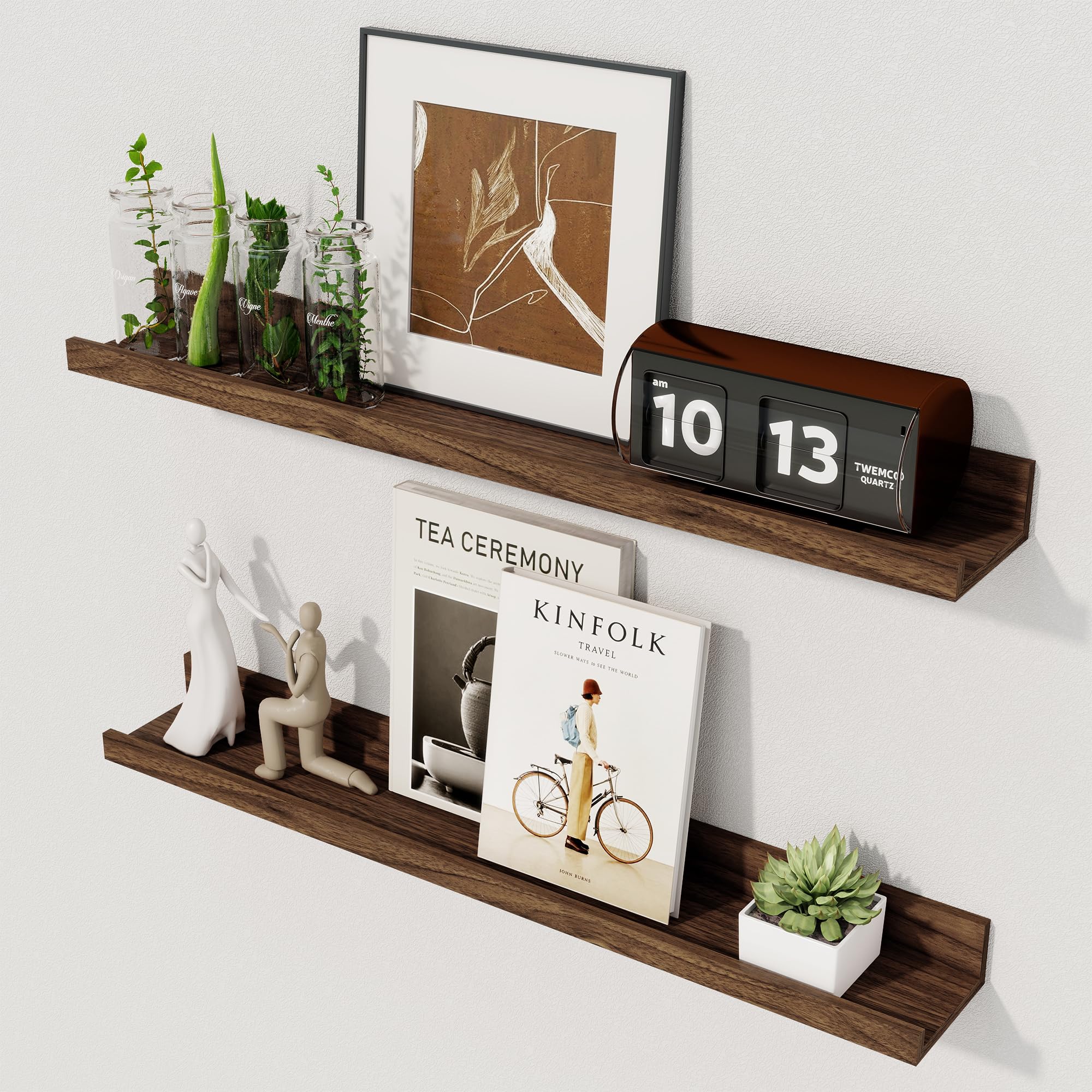 Axeman Floating Shelves, Walnut Wall Shelves, Picture Shelf Set of 2, 60cm