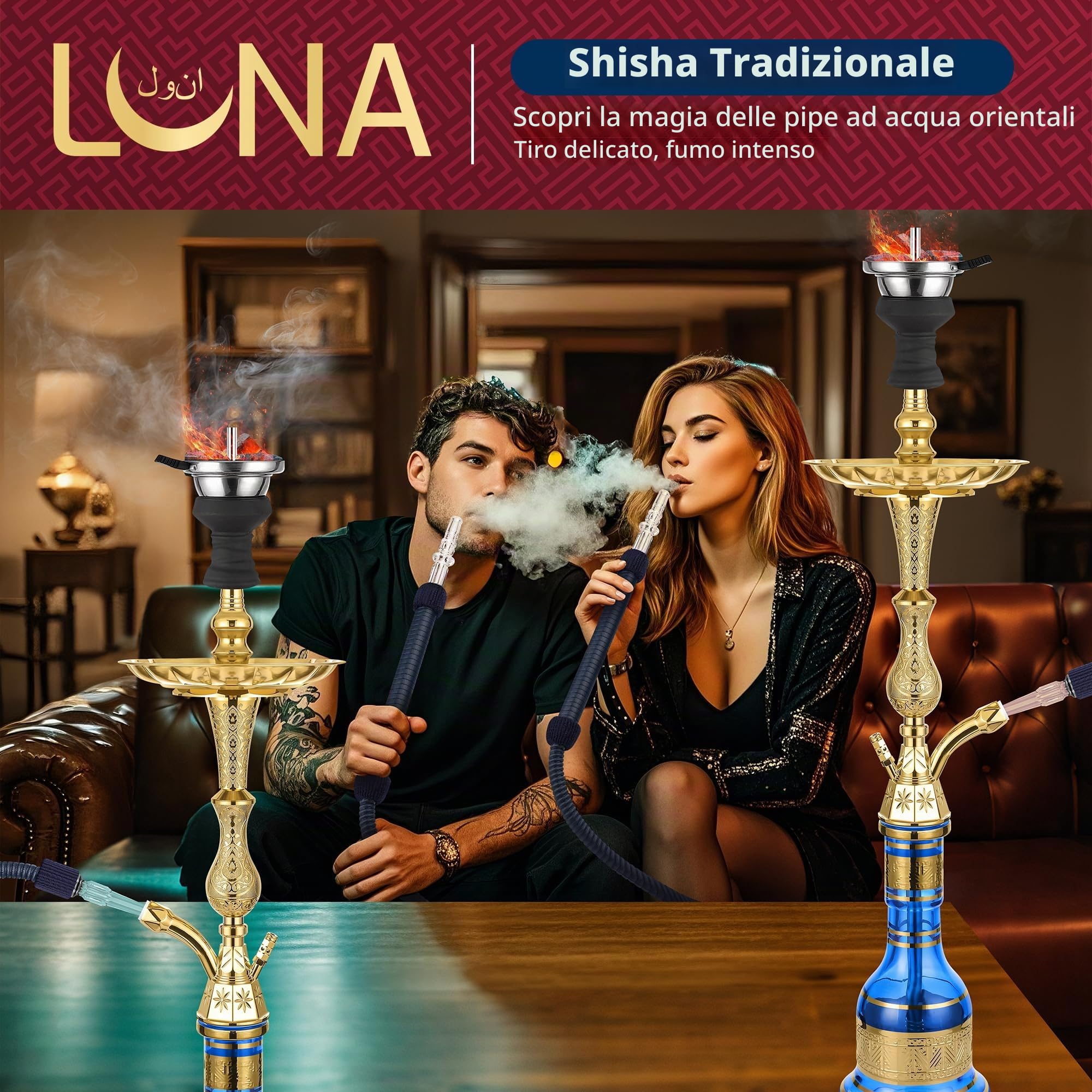 Luna Tradi Hookah - Set completo per narghilè, in metallo di alta qualità, con ciotola in vetro, testa in pietra, tubo in similpelle con bocchino, pinza, forchetta, blu
