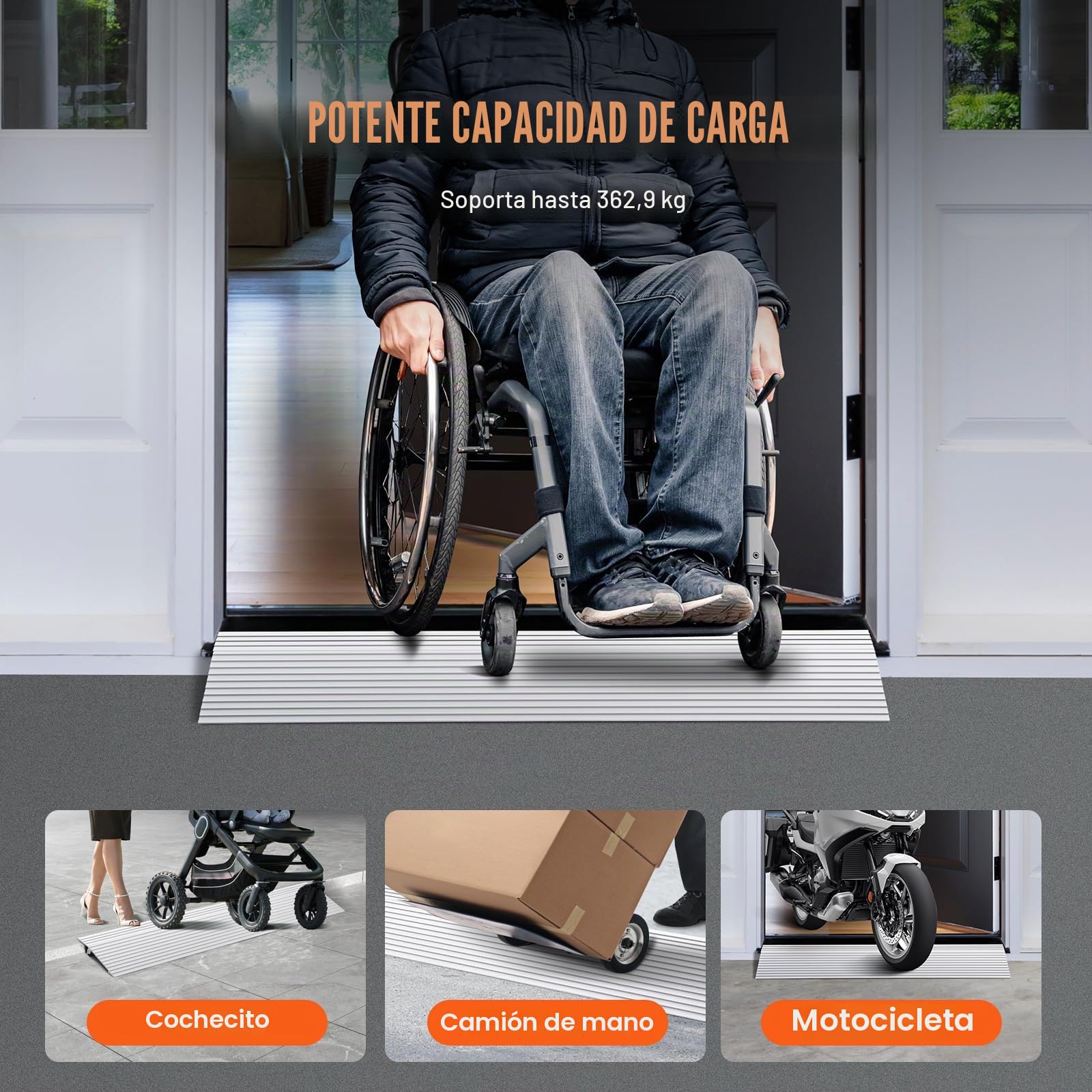 VEVOR Rampa de Umbral Altura de 2,5 cm, Rampa de Aluminio para Bordillos Entrada, Capacidad de Carga de 362,8 kg, Rampa Modular Ajustable de Aluminio para Sillas de Ruedas, Scooters, Sillas Eléctricas