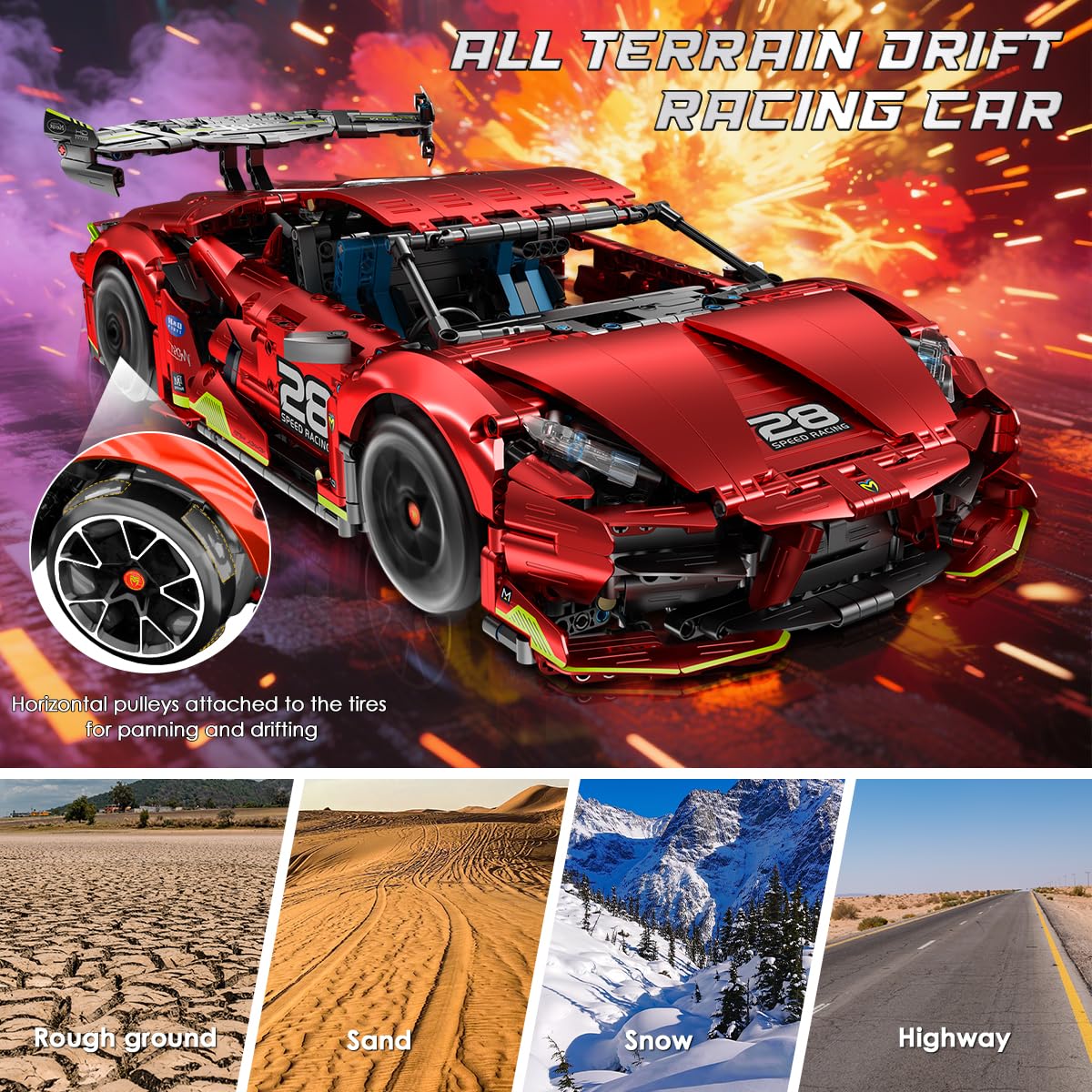 HiWEEGO Technique Kit de Construction de Voiture Télécommandée – Échelle 1:10 2,4 GHz Rechargeable Drift Voiture de Course 2202 Pièces Modèle de Voiture de Course Jouet de Construction pour Enfants
