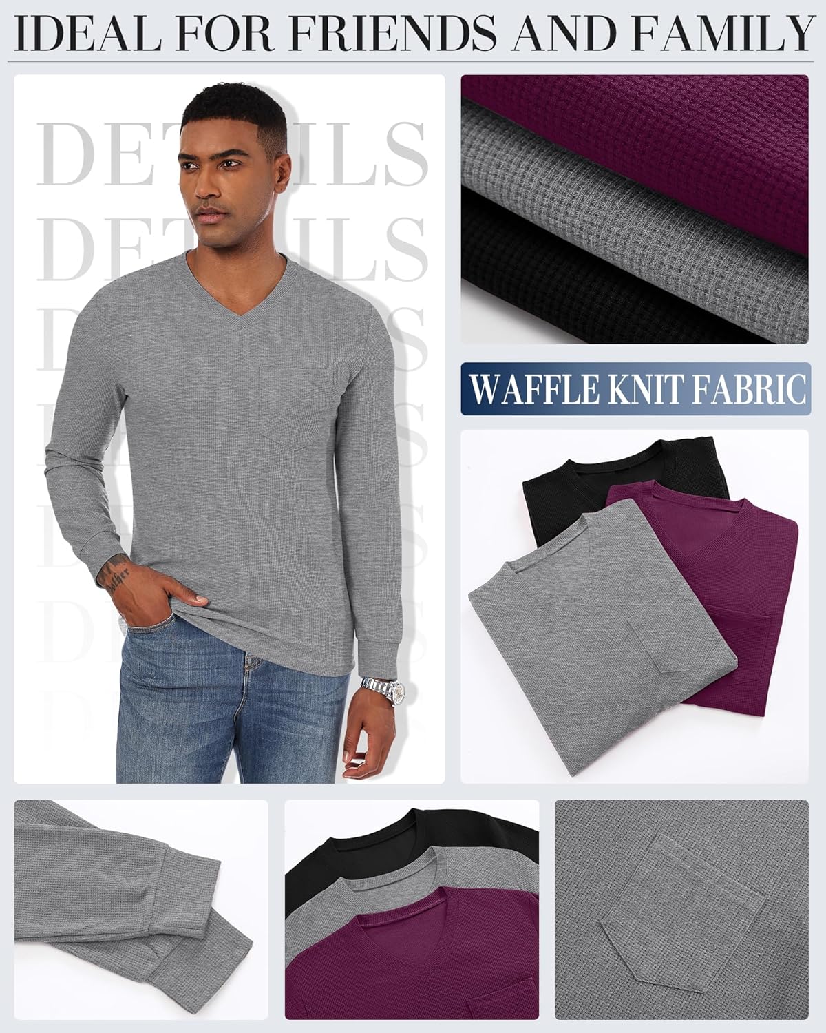 3 Pack Men's Waffle Thermal Long Sleeve Shirts V Neck Lightweight Tops Casual Pullover Undershirts with Pocket - Image 6