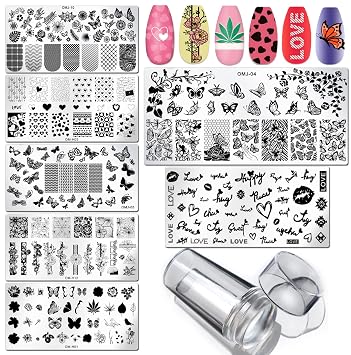 LoveOurHome 7pc Valentine Nail Stamping Kit Flower Butterfly Lace Geometric Nails Stamp Plate Template Stencil Manicure Fingernails DIY Design Tools with Clear Stamper Scraper for Women Kids Gilrs