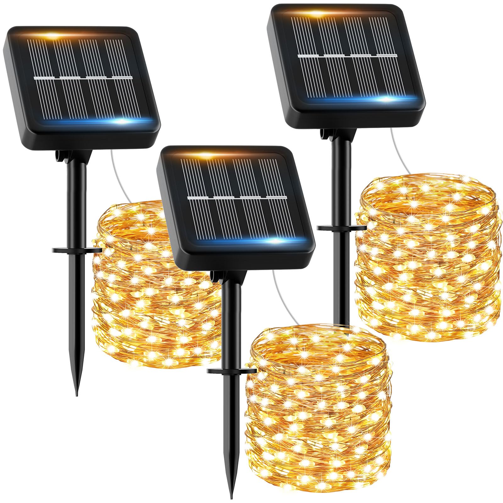 Guirnalda Luces Exterior Solar - 3 x 12M 120 LED Guirnaldas Luces Solares Exterior IP65 Impermeable Blanco Cálido 8 Modos Luces Solares LED Exterior Interior Jardin Terraza Bodas Fiestas Festivales