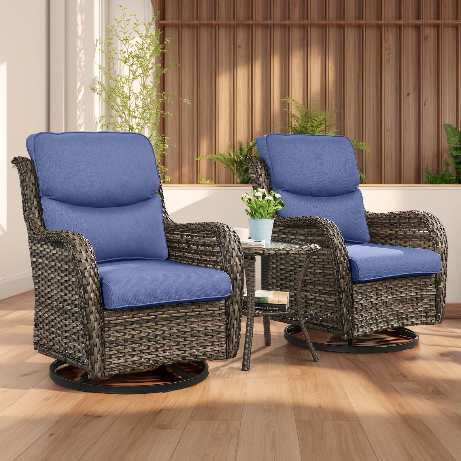 Rilyson Wicker Rocking Chair Swivel Chairs - 3 Piece Rocker Patio Furniture Set Rattan Rocking Bistro Sets with Glass Top Side Table for Outdoor Porch