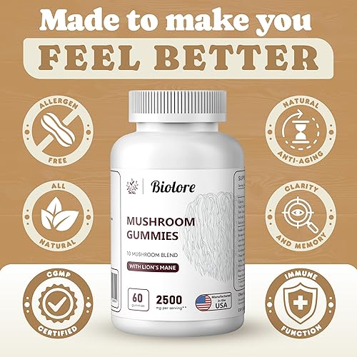 Miniatura 7 de Biolore Gomitas complejas de hongos 10 potentes hongos con chaga, melena de león, reishi, cordyceps - refuerzo cerebral, apoyo inmunológico.
