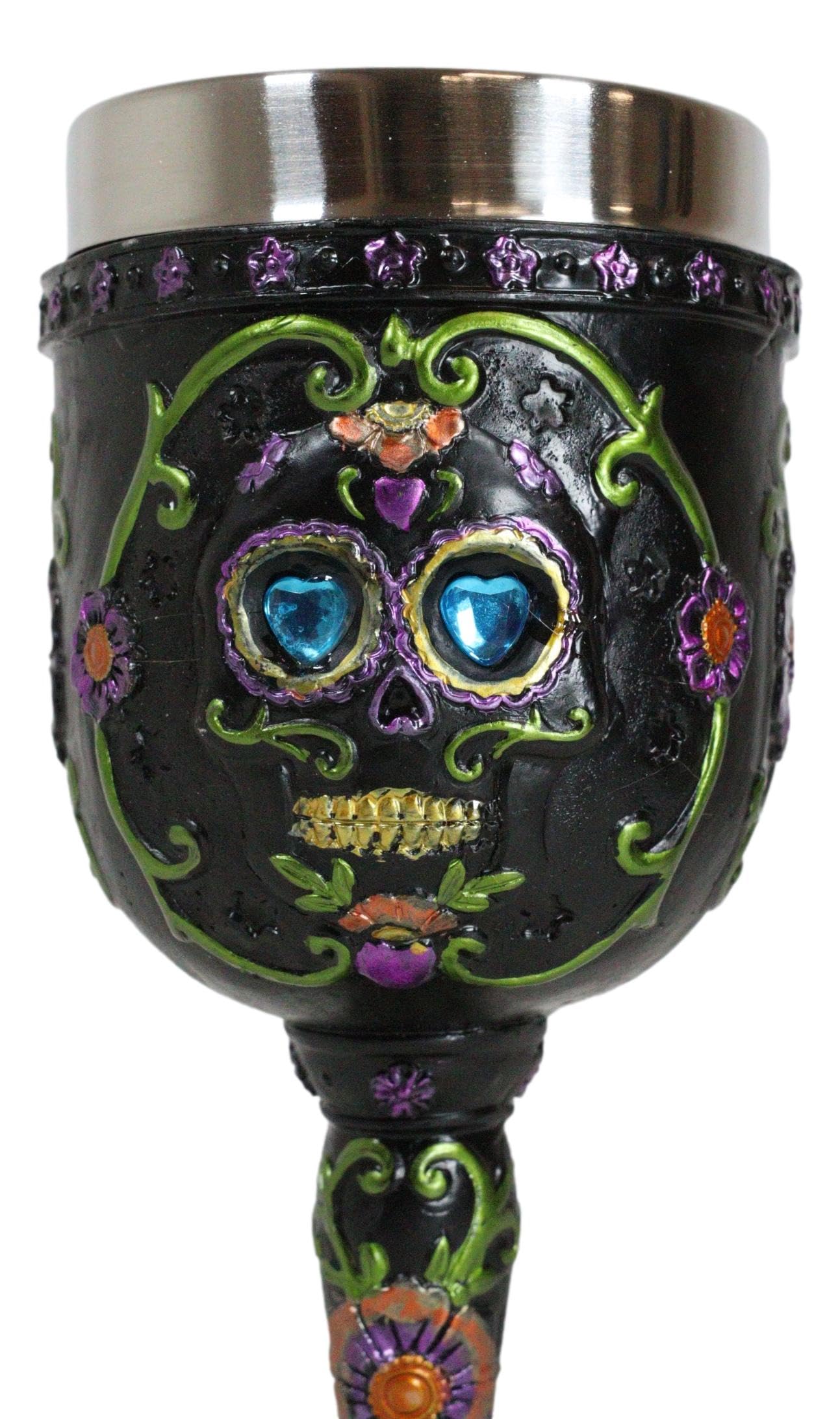 Ebros Day of The Dead Ossuary Wedding Black Sugar Skull Wine Goblet 7oz Chalice As Kitchen Decorative Halloween Party Centerpiece Accessory