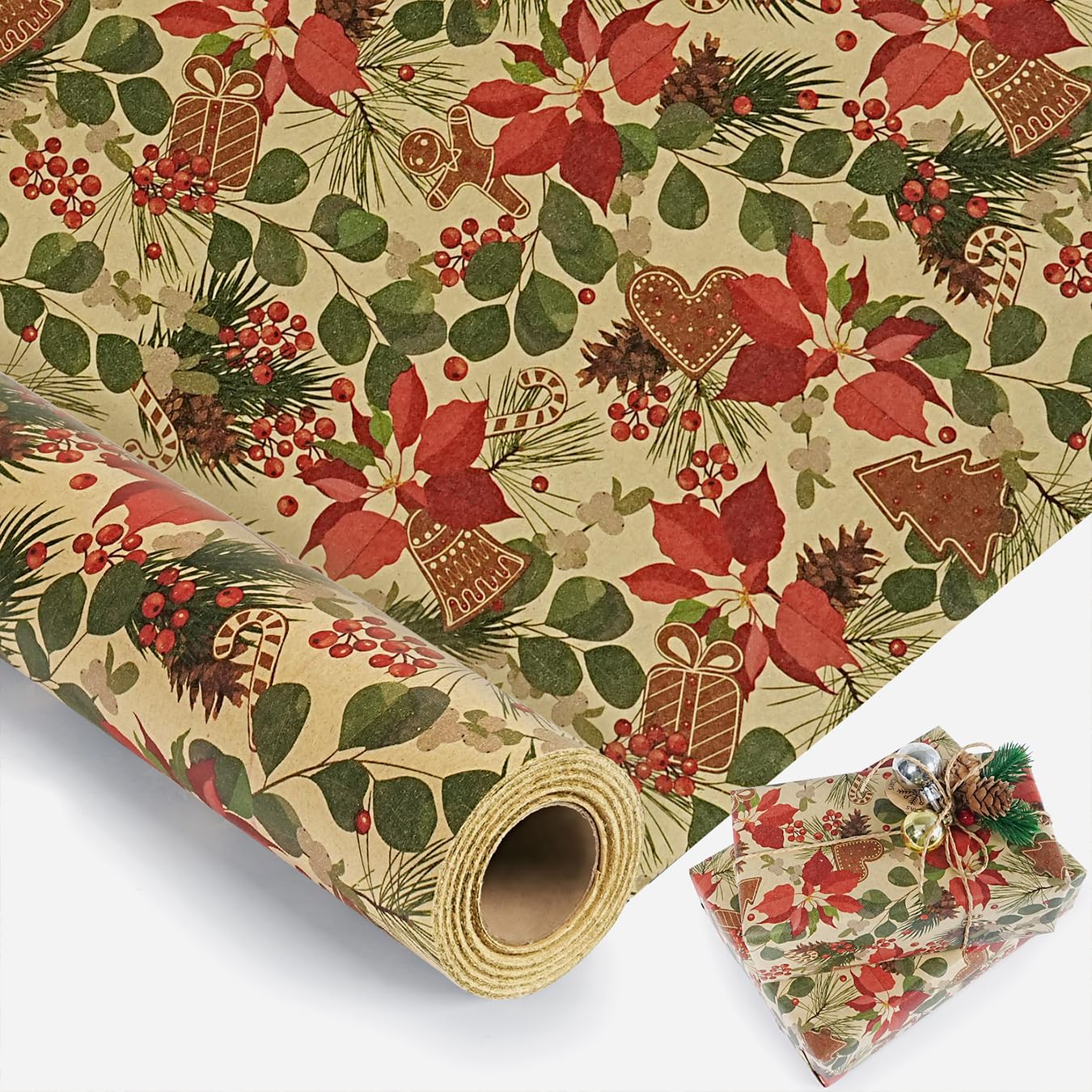 Christmas Wrapping Paper Roll, 43cm x 10m Recyclable Kraft Christmas Wrapping Paper Printed with Poinsettia, Leaf, Holly Design Vintage Gift Wrapping Paper Roll for Xmas, New Year, Party Decorations