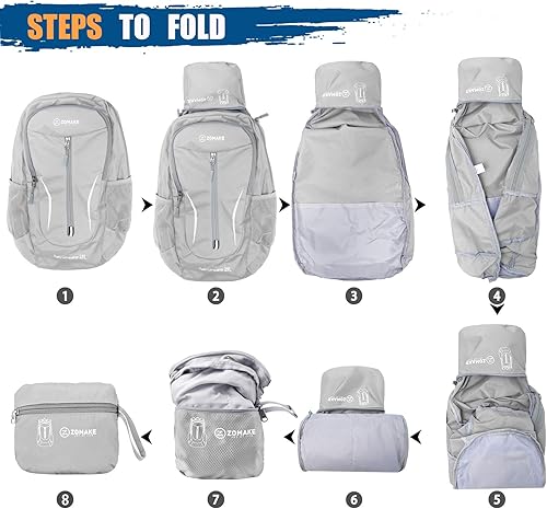Miniatura 6 de ZOMAKE Mochila plegable ultraligera de 25 litros, mochila de senderismo plegable resistente al agua, pequeña mochila plegable para viajes (gris