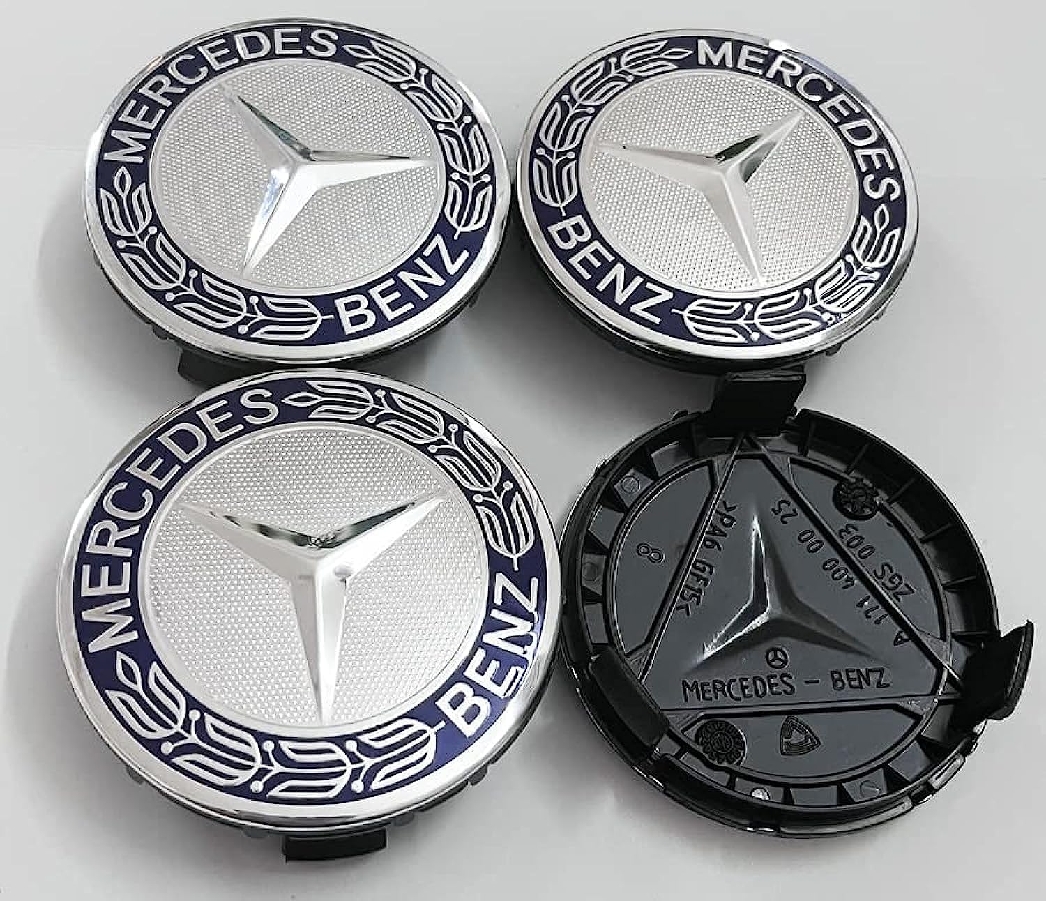 OUFOYKFTGenuine 75mm/2.95inch(4PCS) Blue/ Chrome Wheel Center Hub Caps Hubcaps Cover Replacement for Mercedes Benz(B-Blue)
