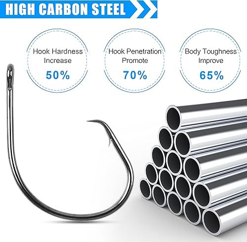 Miniatura 5 de Anzuelos circulares de pesca para agua salada, 50150 piezas de ganchos circulares en línea, ganchos circulares de acero de alto carbono, de ojo