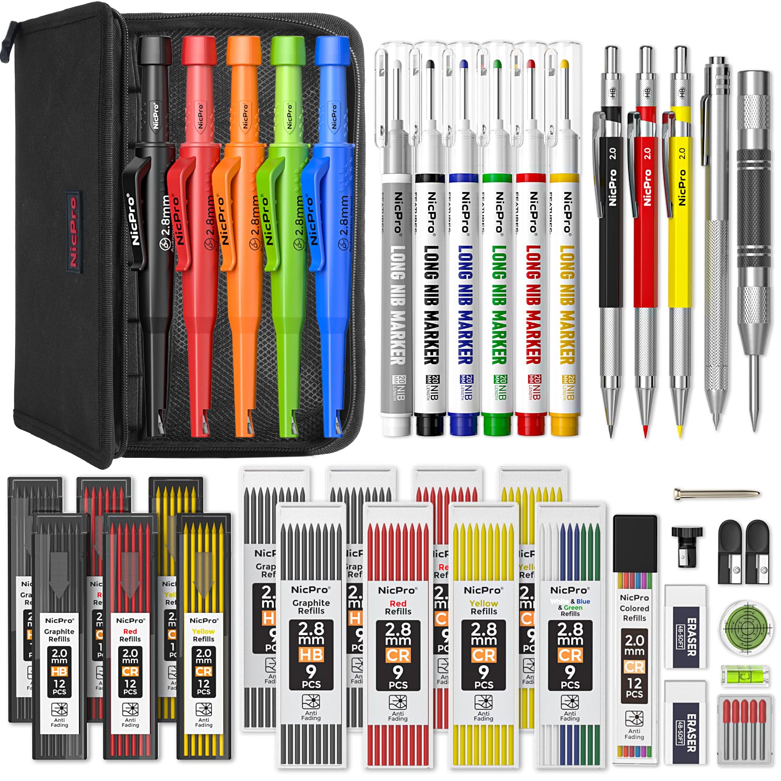 Nicpro 44 Pack CP3000 Carpenter Pencils with Sharpener, Mechanical Carpenter Pencil set with 169PCS Refills, Long Nib Marker Pens, Carbide Scribe Tool