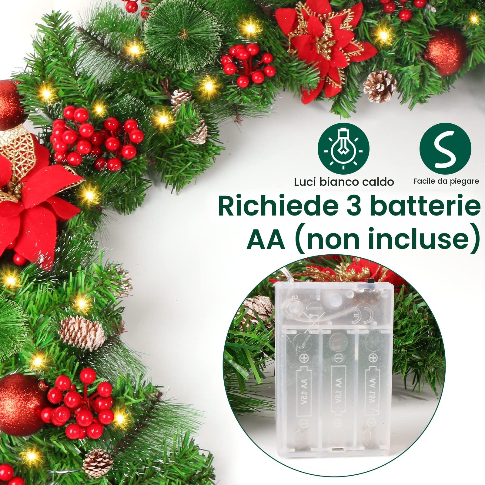 Ghirlanda Natalizia, CHOIGN 2.7M/9 Piedi Decorazioni Natalizie con Luci 30LEDs Alimentate Batterie, Ghirlanda Natale Decorazioni Artificiale per Porta, Camini,Scale,Decorazioni dell'albero di Natale