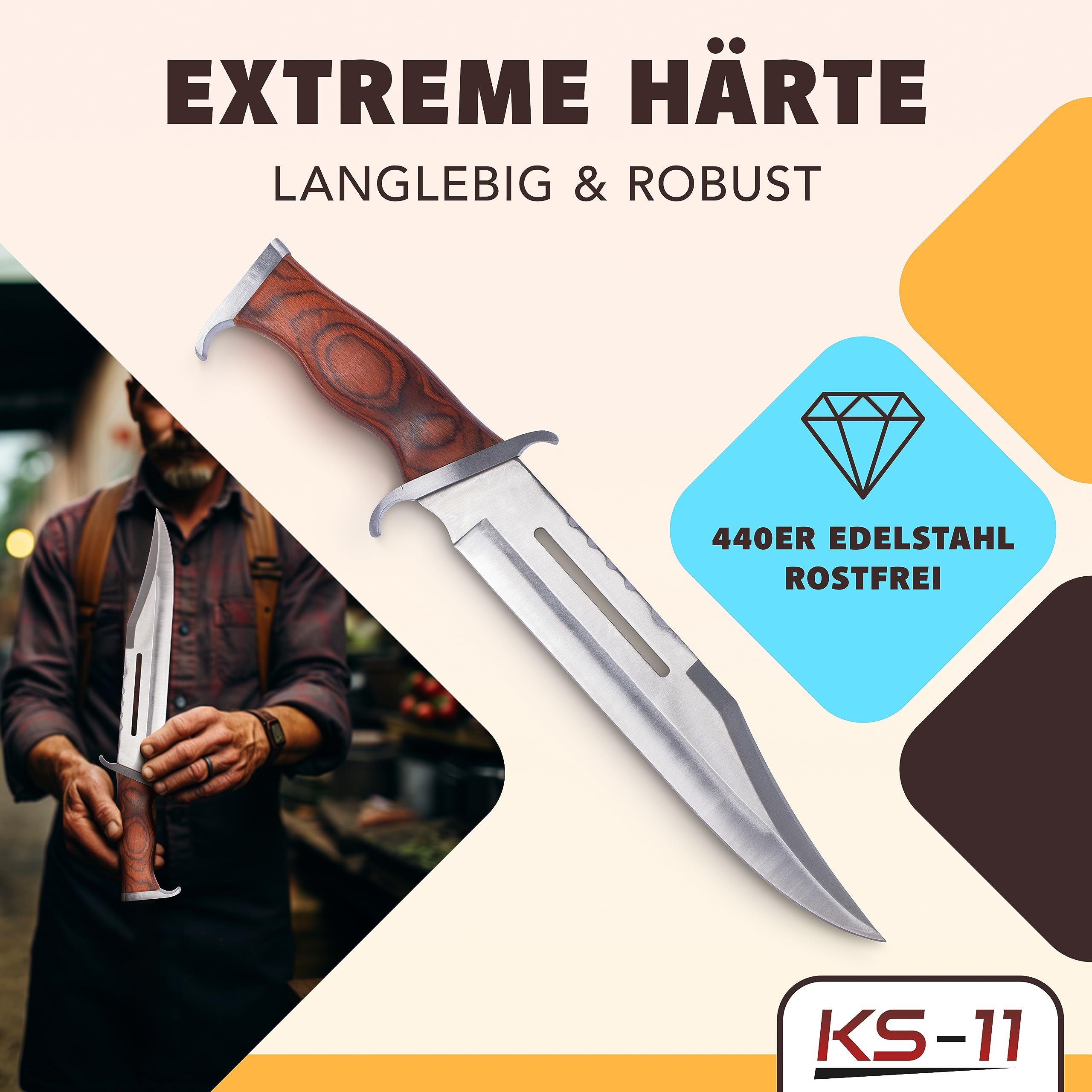 KS-11 Bärentöter im Stil von Rambo III Messer - First Blood Part 3 - Outdoor - Survival - Jagd - Holzgriff - FullTang Mega Kult Bushcraft Messer mit Lederscheide