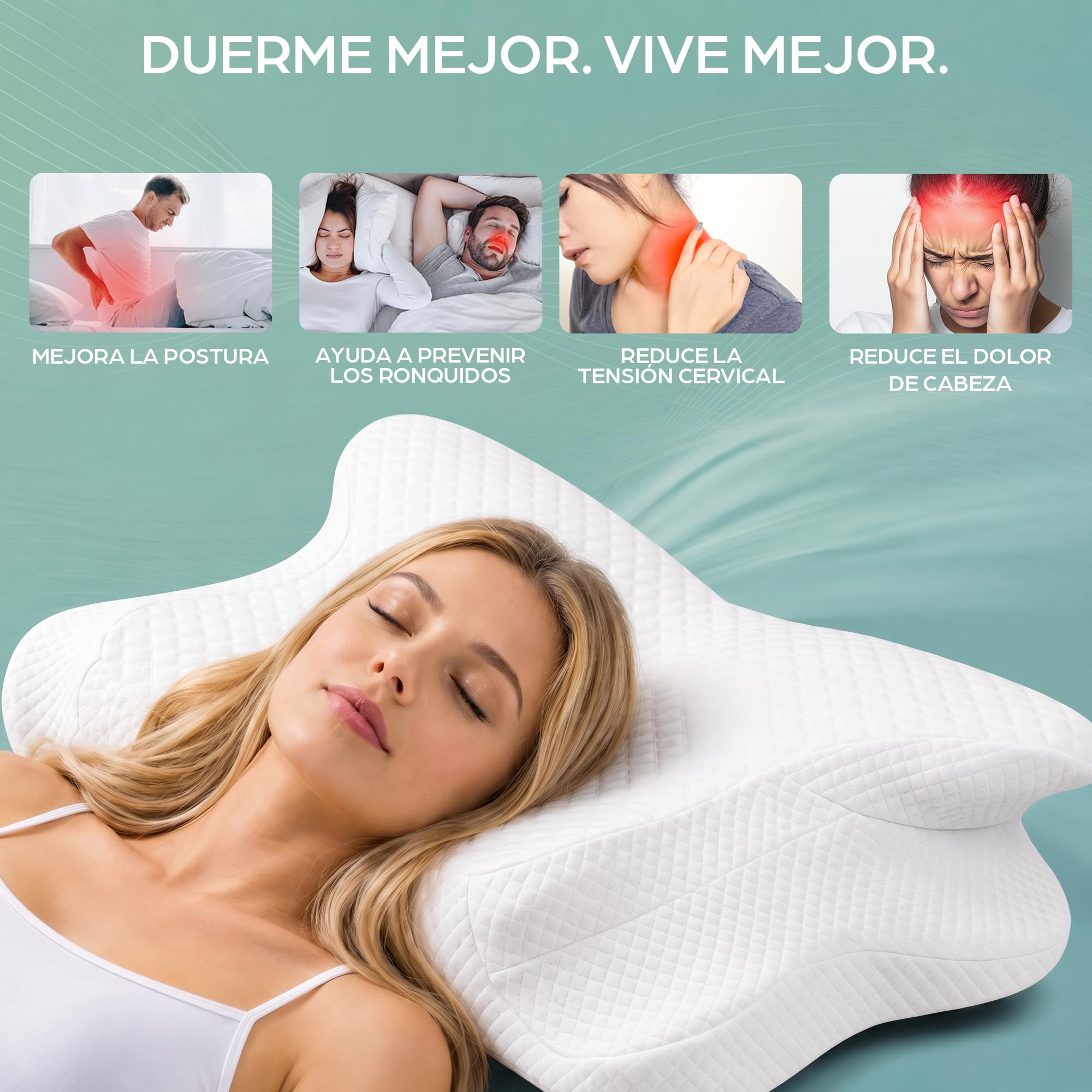 Flowen Almohada Cervical y Cuello Espuma Viscoelástica | Almohadas Cervicales Ergonómica para Dormir de Lado | Cojín Antironquidos Soporte Nuca Hombro | Dolores de Cuello | Funda Lavable Transpirable