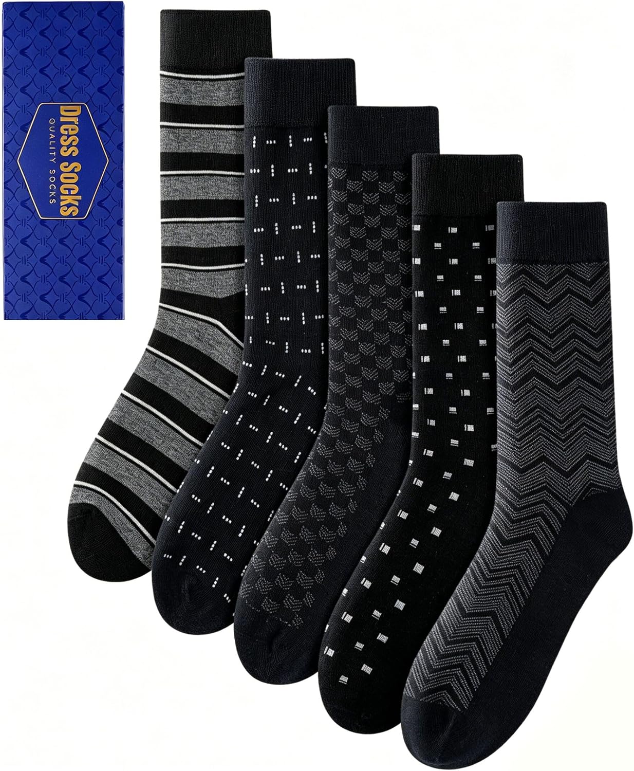 Mens Dress Socks Classic Patterned Business Crew Cotton Socks for Father Husband Birthday Gifts 5 Pairs