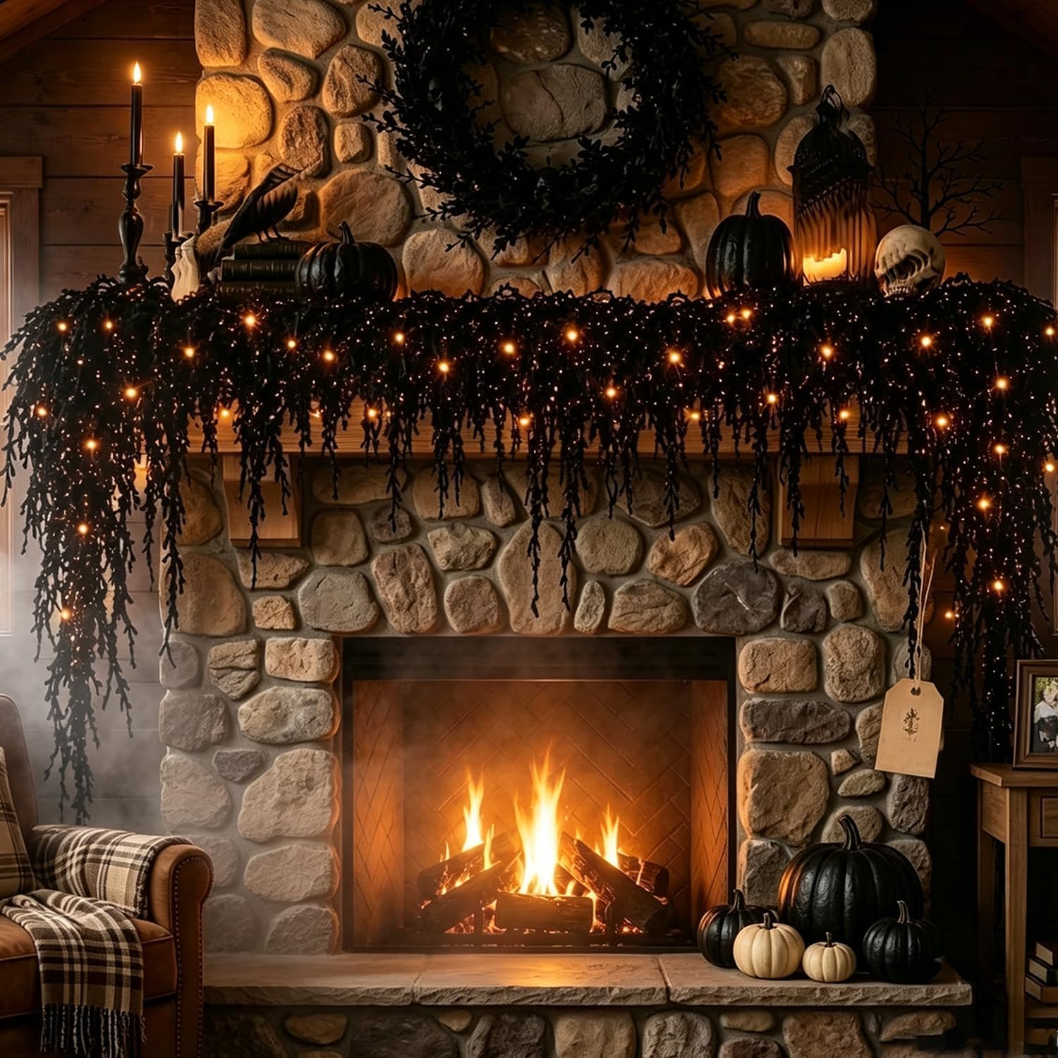 Halloween Lighted Creepy Vine Garland Faux Black Garland for Mantle | Waterproof Spooky Halloween Indoor Decor with Lights Gothic Hanging Vine Twigs Party Decoration Banister (270cm)