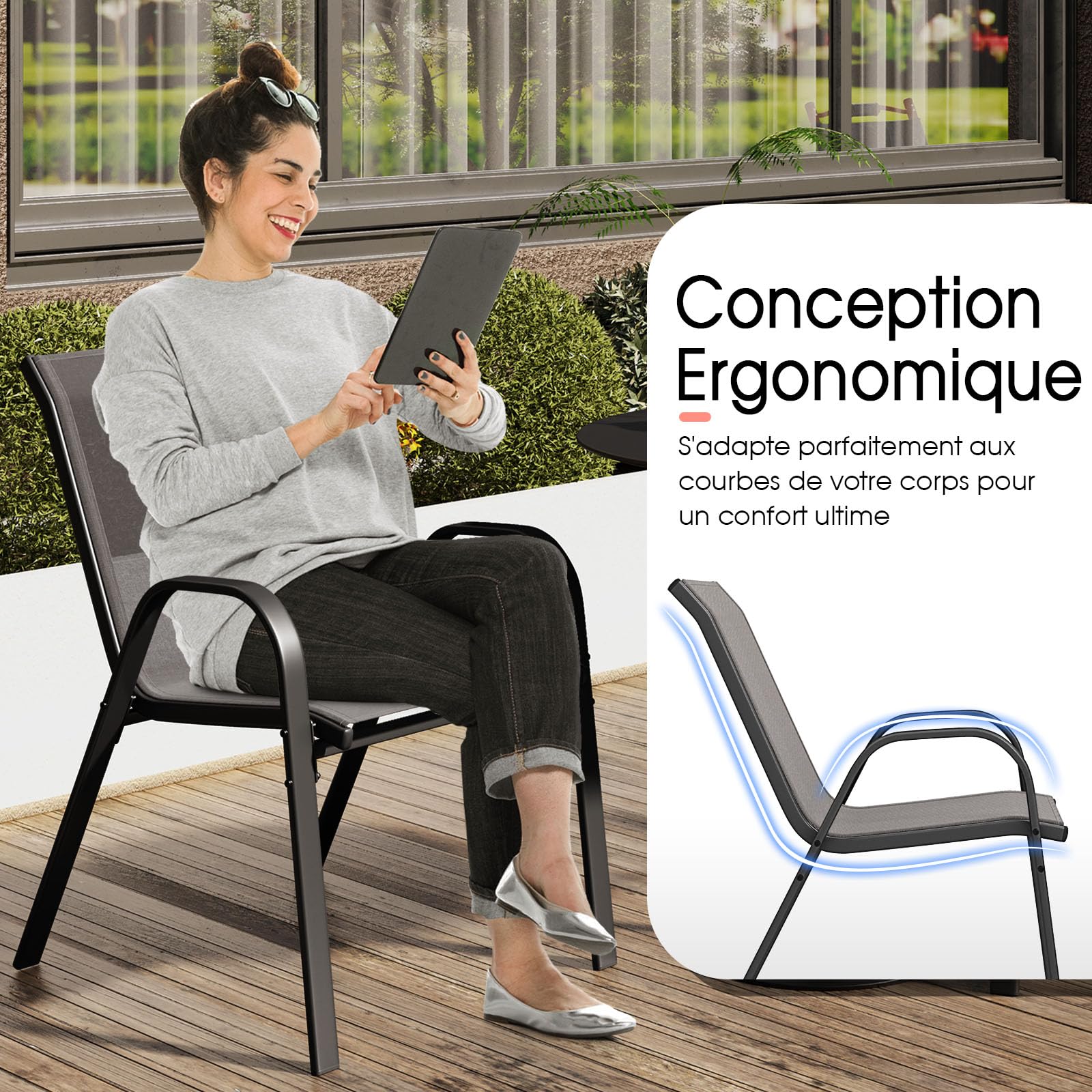 GIANTEX Lot de 2 Chaises de Jardin Extérieures, Chaise de Salle à Manger Empilables Cadre en Acier avec Mains Courantes, Fauteuil d'Extérieur avec Dossier et Siège Ergonomiques (Gris)
