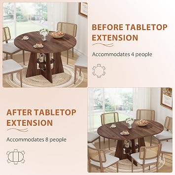 43.3''-59'' Round Extendable Dining Table, Oval Dining Table for 4-8, Modern Kitchen Circle Dinning Table with Storage for Kitchen Living Room Apartments Family Meals (Walnut)