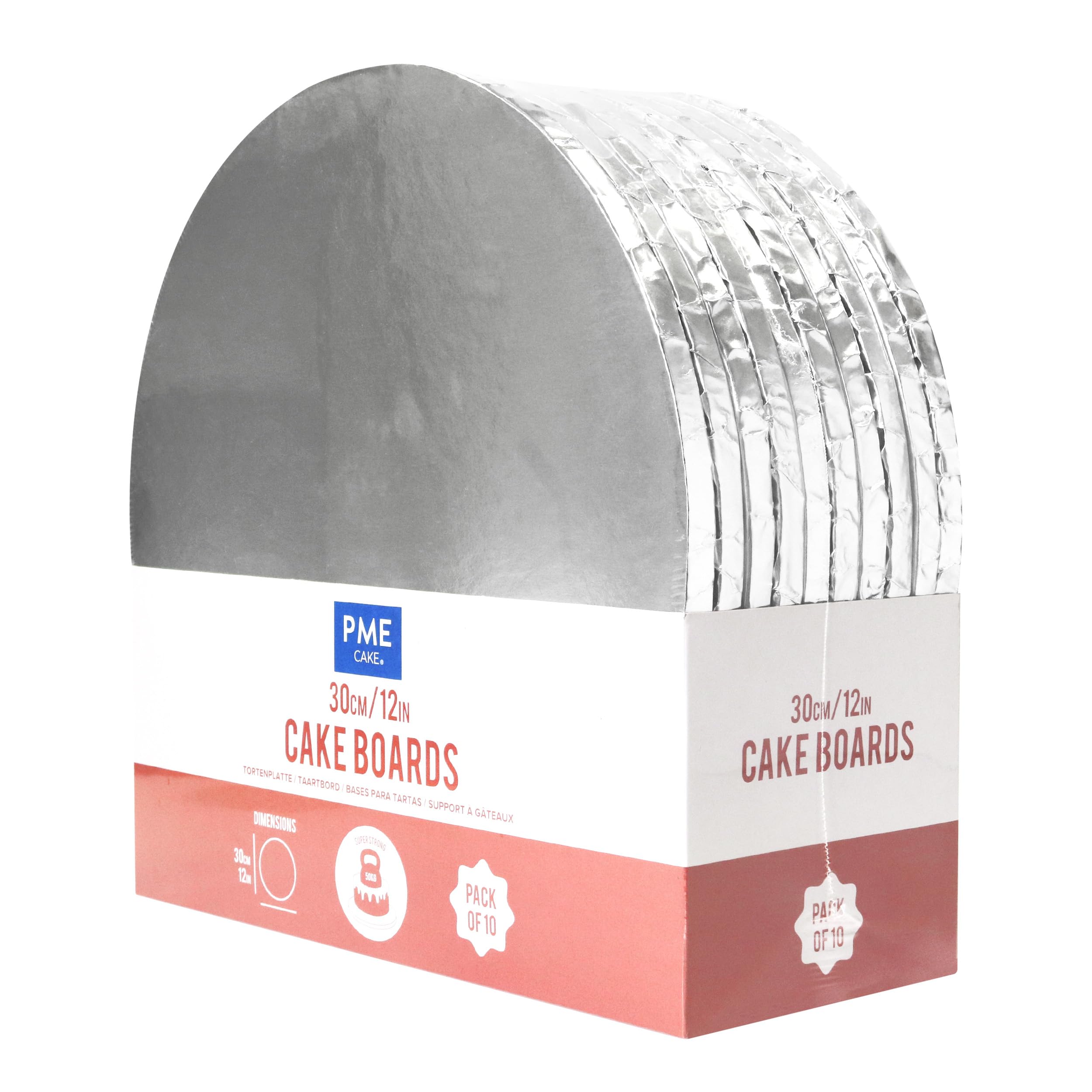 PME Pack of 10 Round Cake Boards with Wrapped Edges, Silver (12" / 30cm)